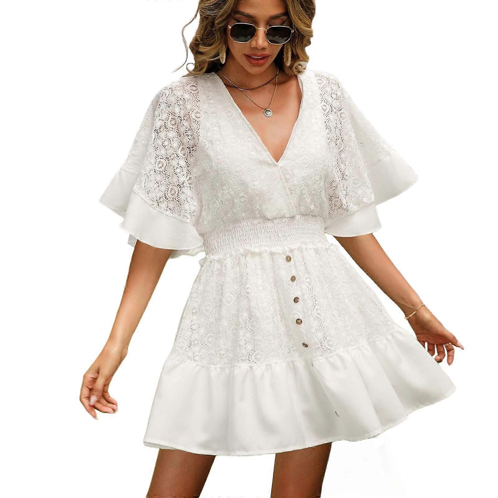 Women's Summer Lace V Neck A Line Mini Sundresses Casual Batwings Sleeve Short  Dress Sexy Elastic Waist Mini Dress Gifts White S