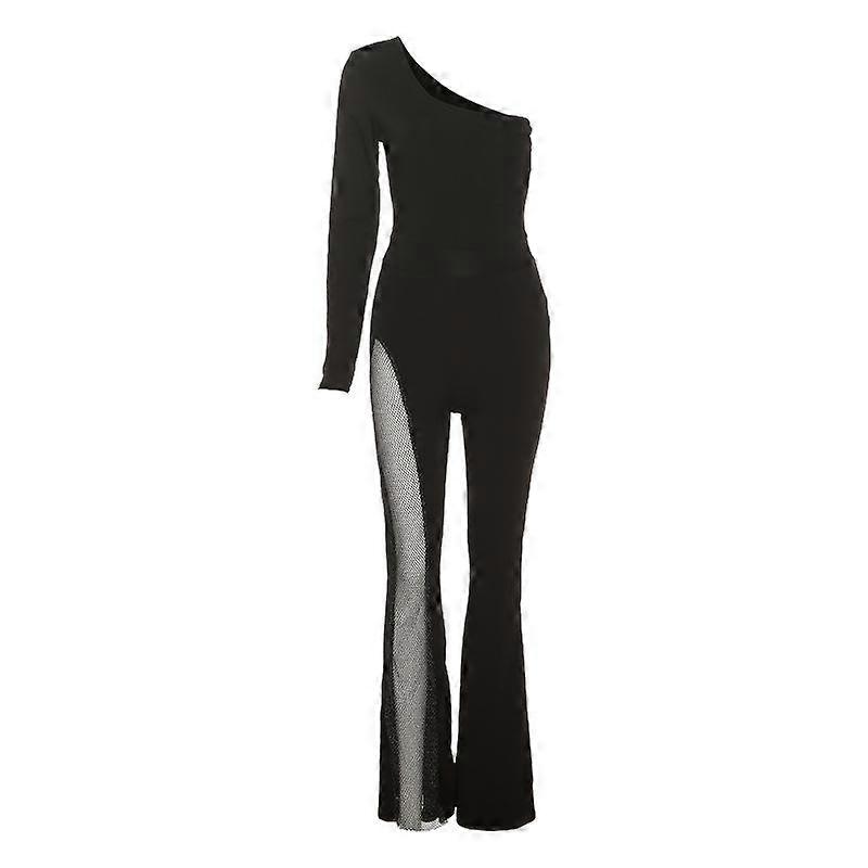 Sexy Mesh Patchwork One Shoulder Playsuits Women Elegant Solid Skinny Flare Pants Jumpsuit Fashion Lady Party Streetwear