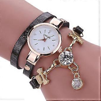 Mode PU Cuir Étroit Enveloppé Bande Quartz Montre Strass Pendentif Montre Femme (Noir)