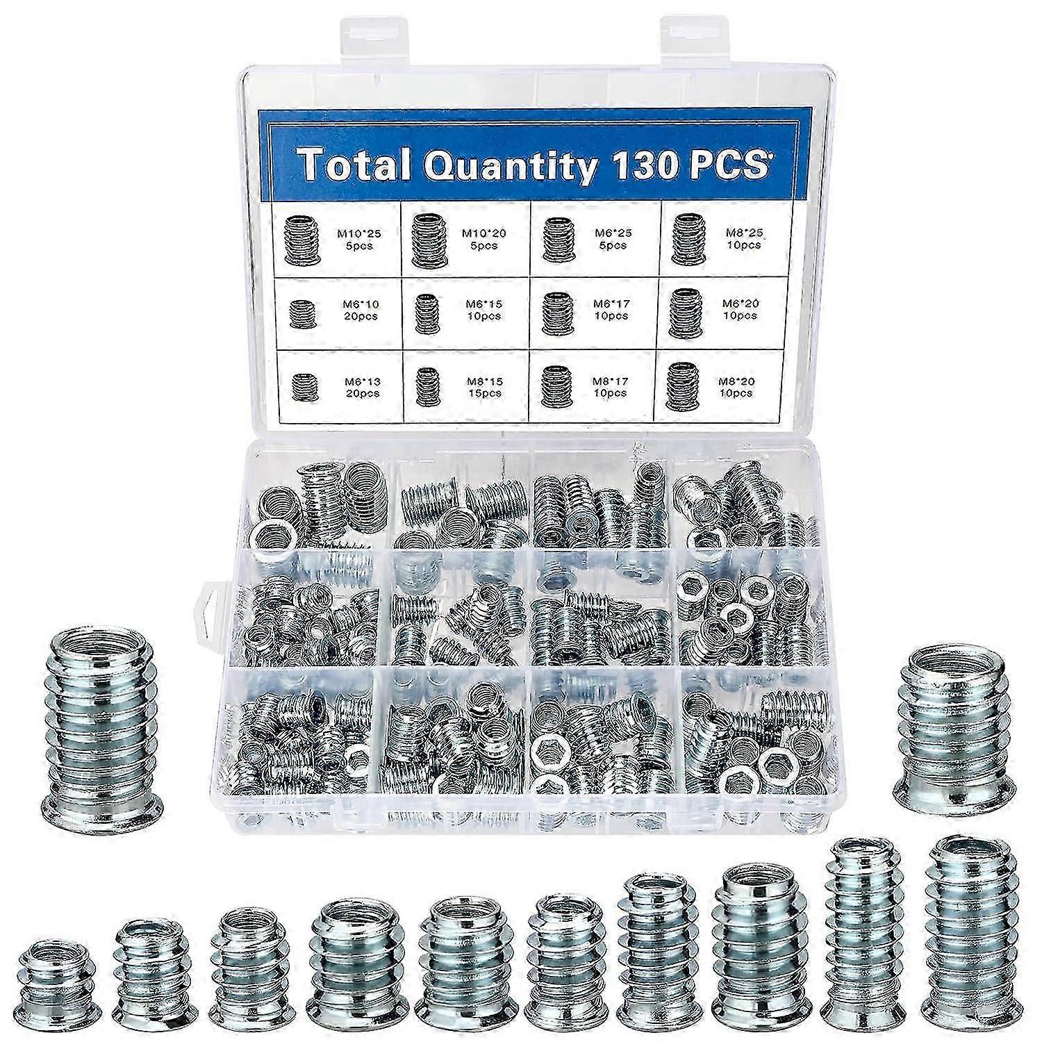 Insert fileté 130 pièces, écrous à vis à bois à insert fileté M6/M8/M10, manchons de vis en acier galvanisé, écrous à insert filetés pour meubles en bois