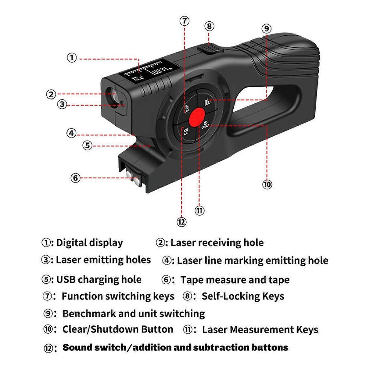 3-in-1 Laser Measurement Tool with Green Laser Extension Digital Tape Measure Auto Lock Tape USB Ch