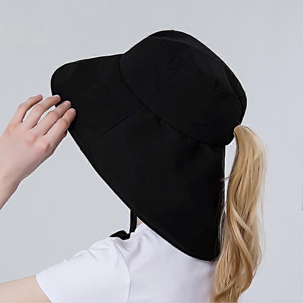 Women Fisherman Vinyl Hat Summer Sun Hat Big Brim Ponytail Sun Hat Ladies Can Tie Ponytail Fisherman Cap Polyester