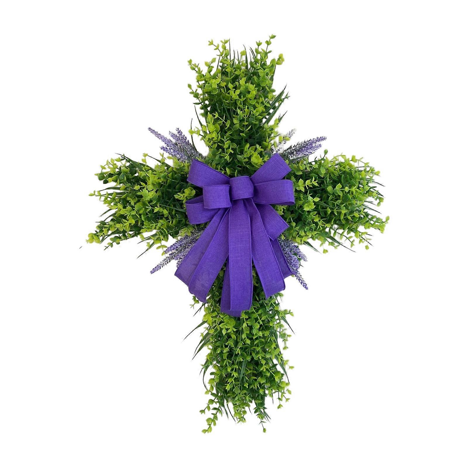 Easter Cross Wreath - Spring Door Decor, Purple Bow
