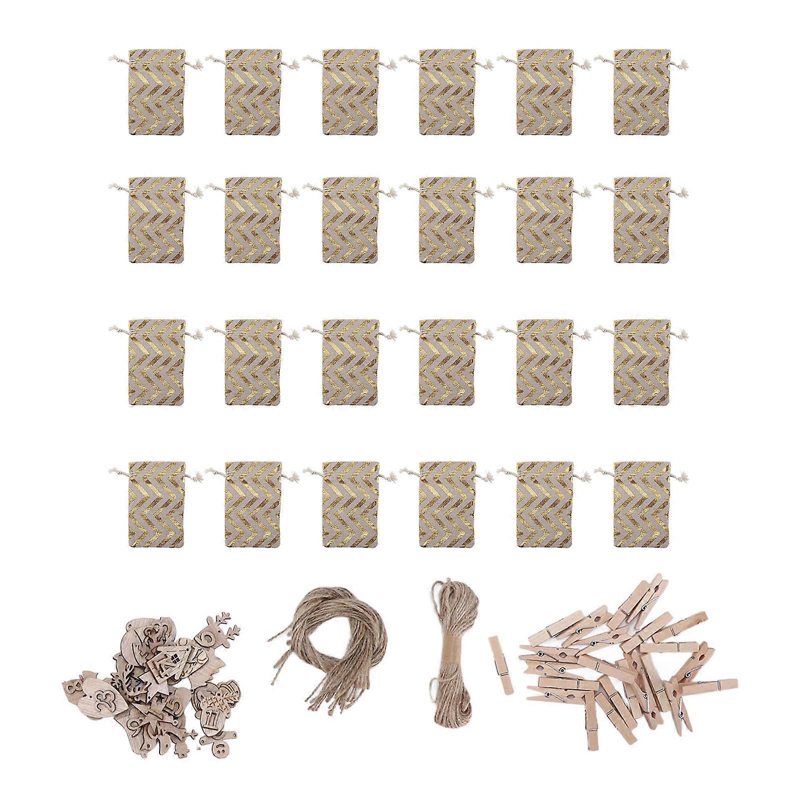 24PCS Christmas Advent Calendar Hanging Bags Drawstring Gift Pouches 3x5 Inch Fabric Party Favor Supplies