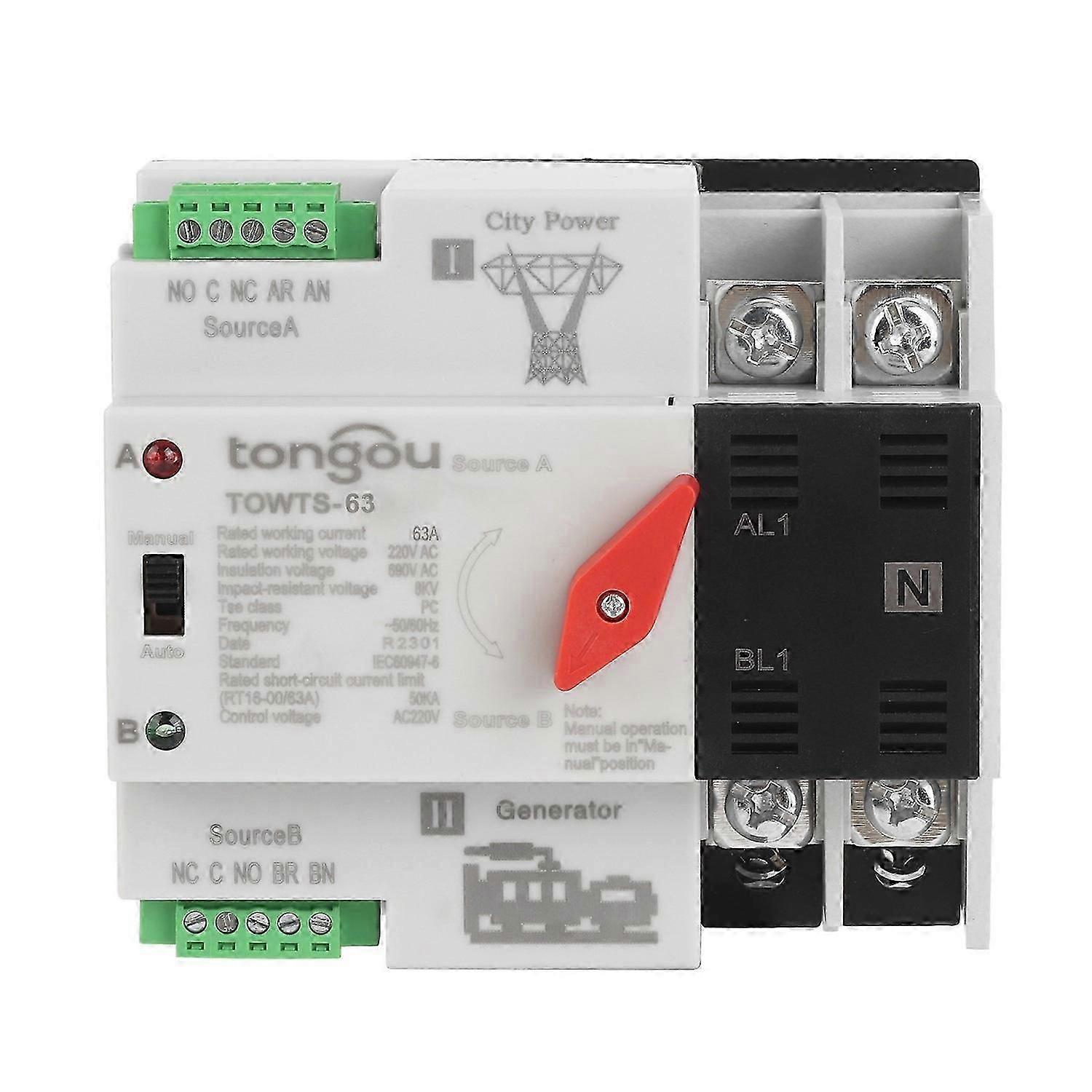 Dual Power Automatic Switch 2P 8KV 2 Modes Power Transfer Switch for Home Factory Office AC 220V