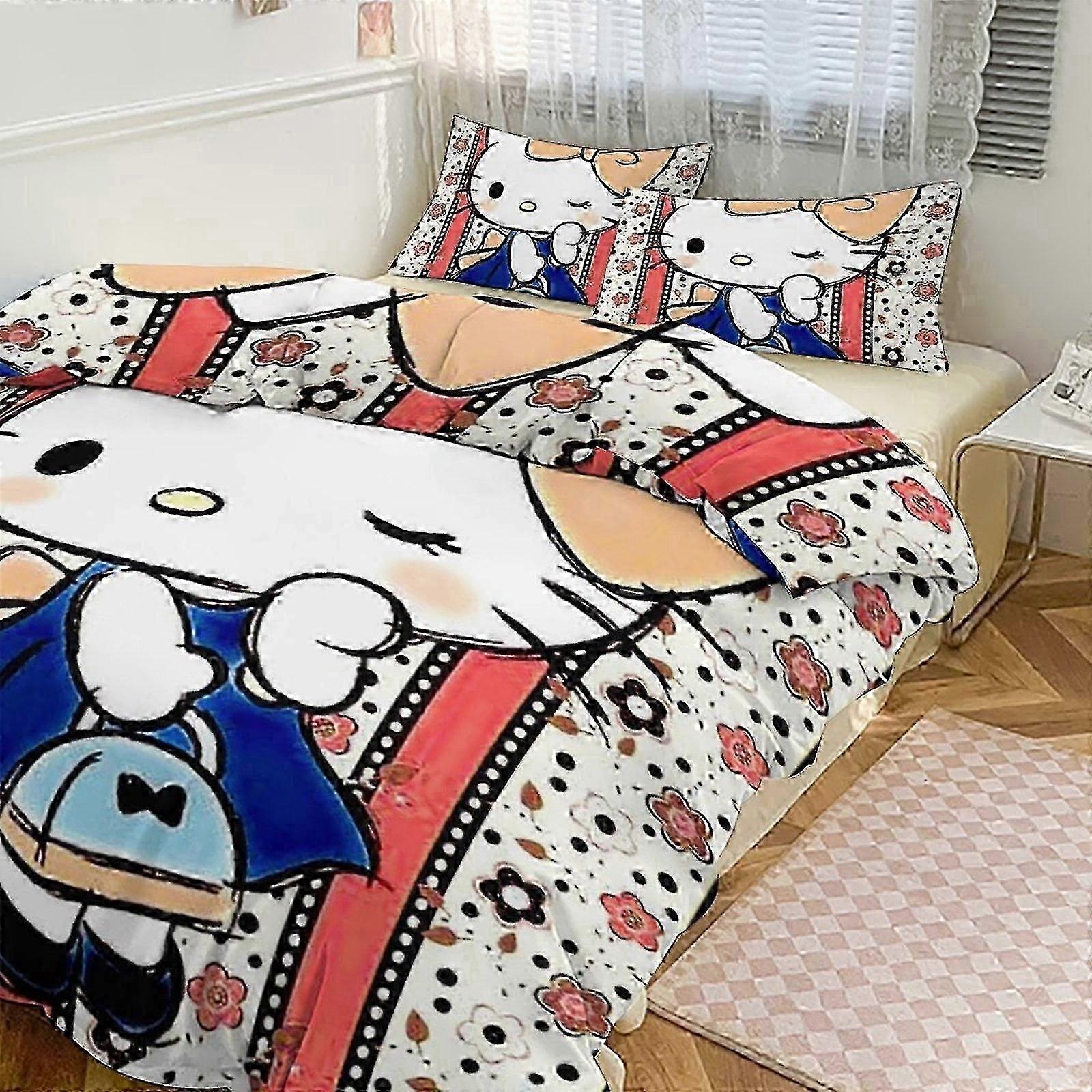 o855 ملاءات سرير مرحبا كيتي مفروشات للأطفال الرجال والنساء بحجم مزدوج 3S غطاء لحاف وأغطية وسائد - (1 غطاء لحاف و 2 غطاء وسائد) ملاءات سرير