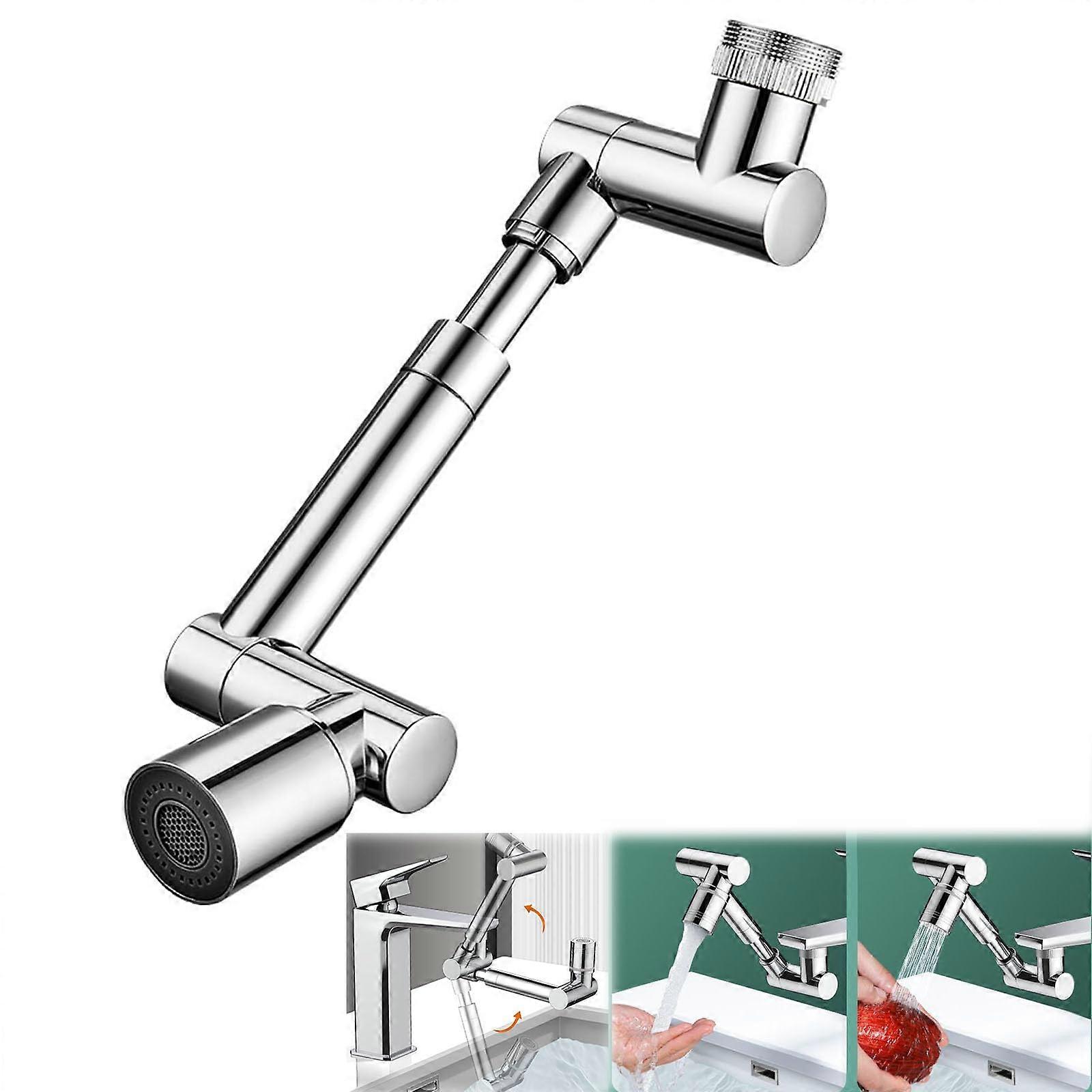 Rotating Faucet Attachment 1080° Robotic Arm with 2 Water Outlet Modes Anti-Splash Nozzle for Kitchen and Bathroom Sink Silver