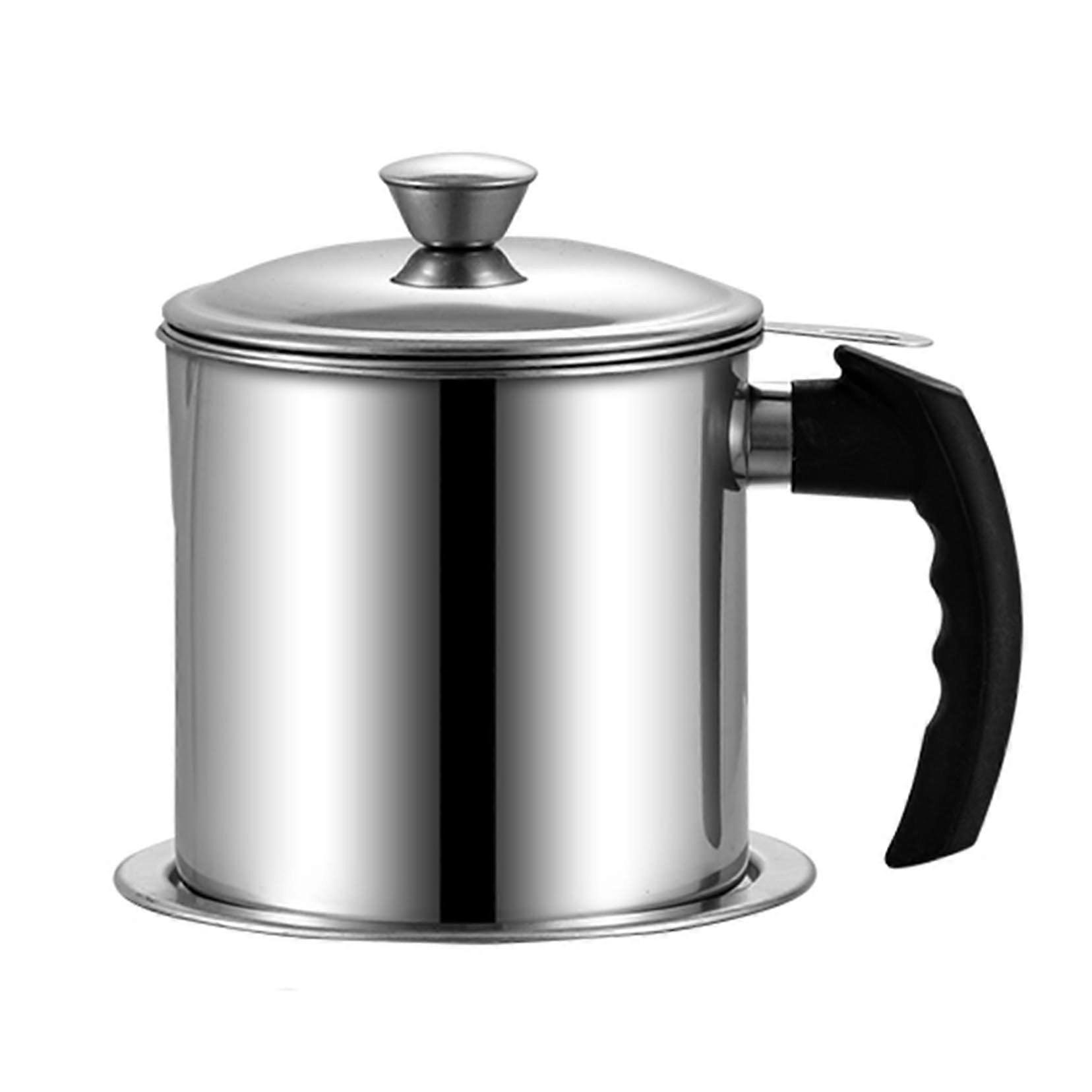 304 Stainless Steel Bacon Grease Container 1.4L with Mesh Strainer, Easy Grip Handle, Dustproof Lid and Coaster Tray