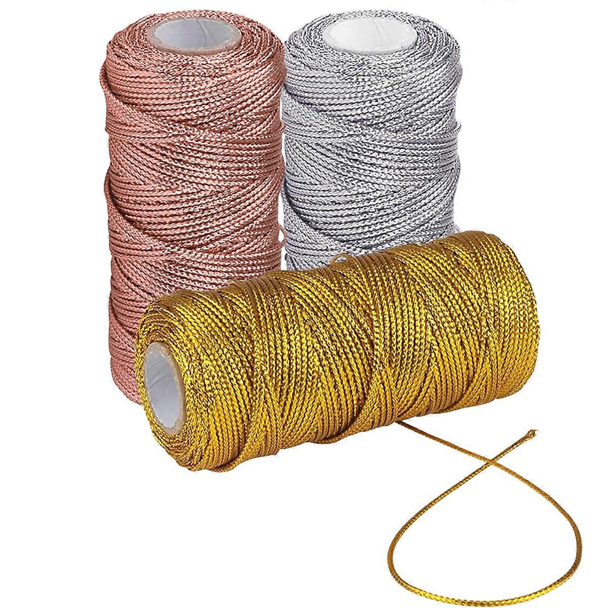 3 Rolls Metallic Elastic Cords Stretch Cord Ribbon Metallic Tinsel Cord Rope for Craft Making Gift Wrapping, 1.5mm*100m/Roll