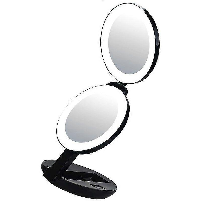 Tri-fold makeup mirror portable folding portable beauty double-sided small led mirror with fill light (black Diameter 11.43*2.9cm)