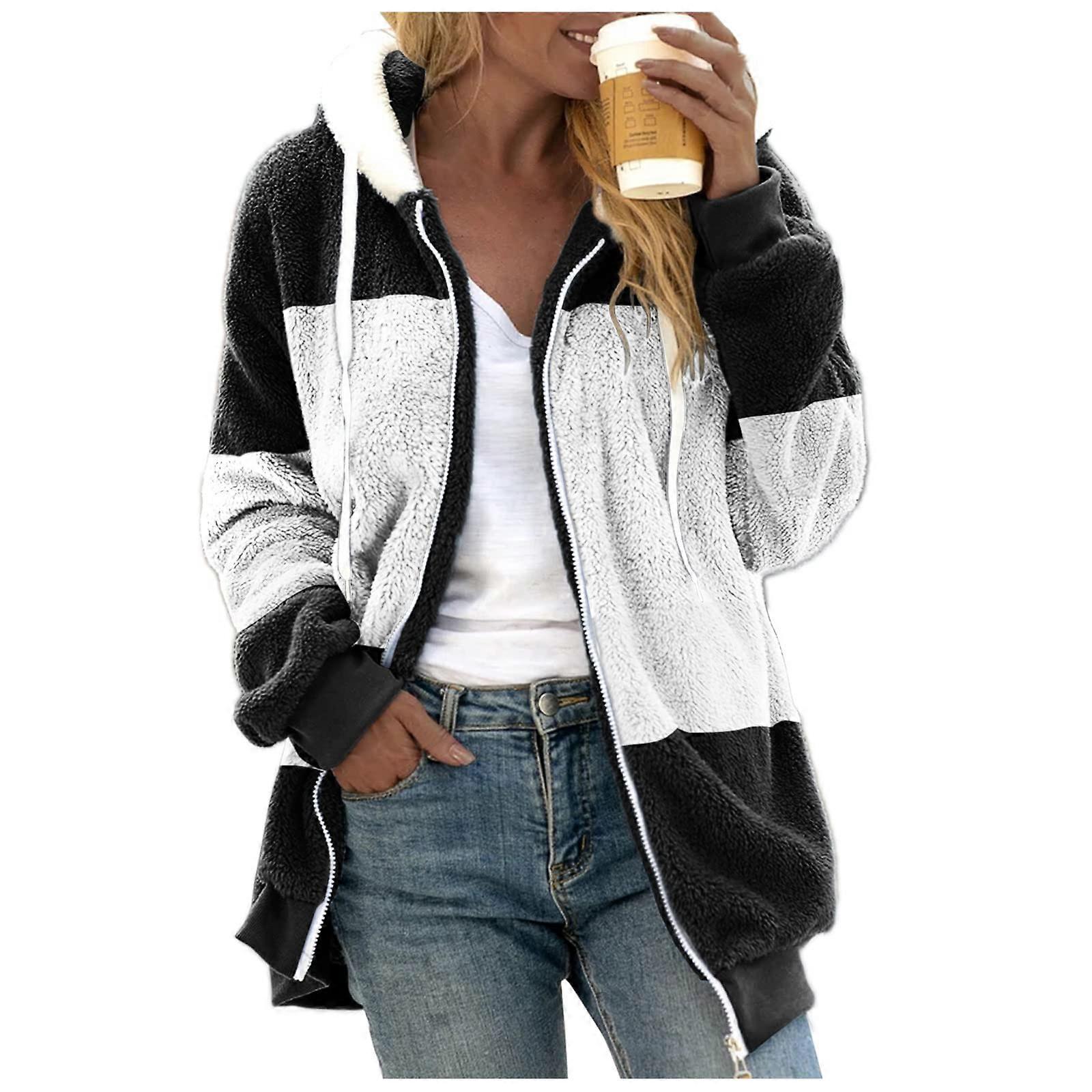 Womens Hooded Sherpa Fleece Cardigan Jacket with Open Front, Zipper Closure, Pockets, Warm Winter Outwear