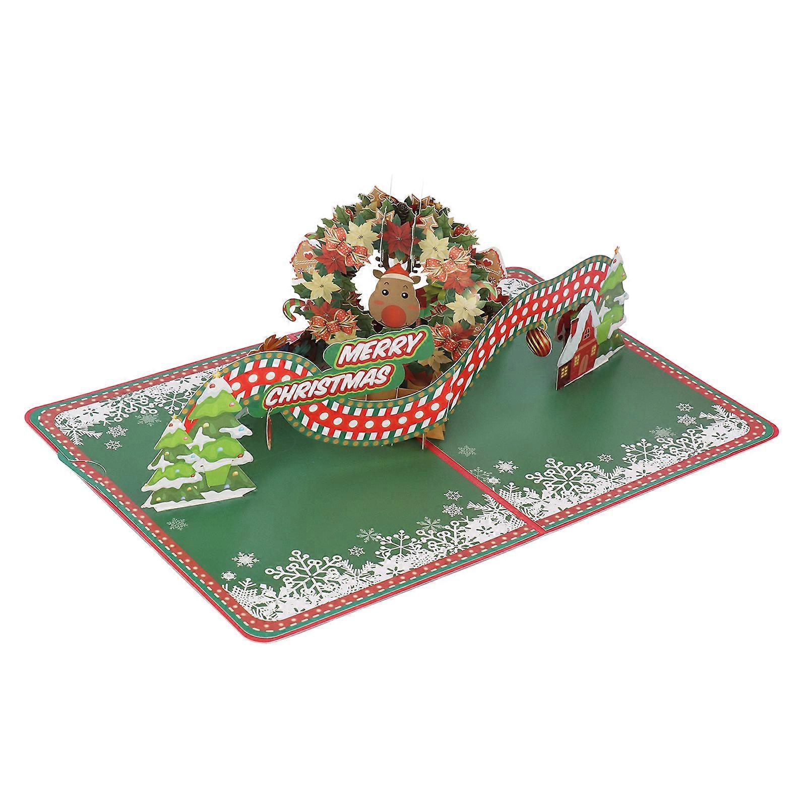 3D Christmas Greeting Card Christmas Wreath Shape Hand Carved Paper Blessing Message Card with Envelope