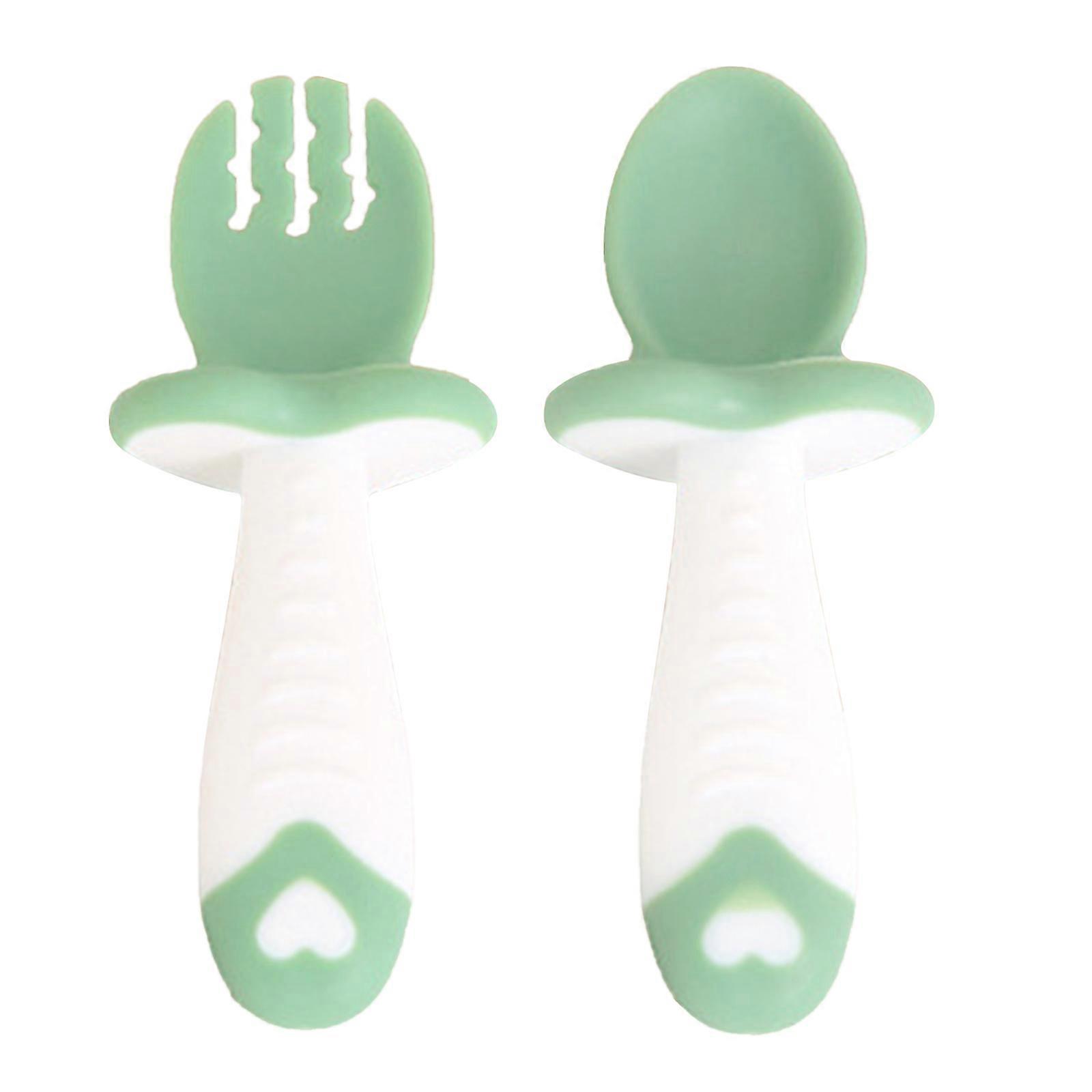 2pcs/set First Self Feeding Utensils Baby Soft Fork Spoon Infant Mini Tableware Set for Babies Toddlers Over 6 Months  A