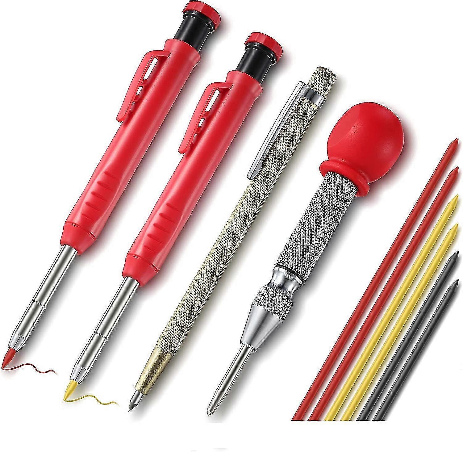 Set of 2 Construction Carpenter Pencils with 6 Marker Refills, Carbide Scribing Tool, and Auto Center Marking Tool for Use in Carpentry Proj