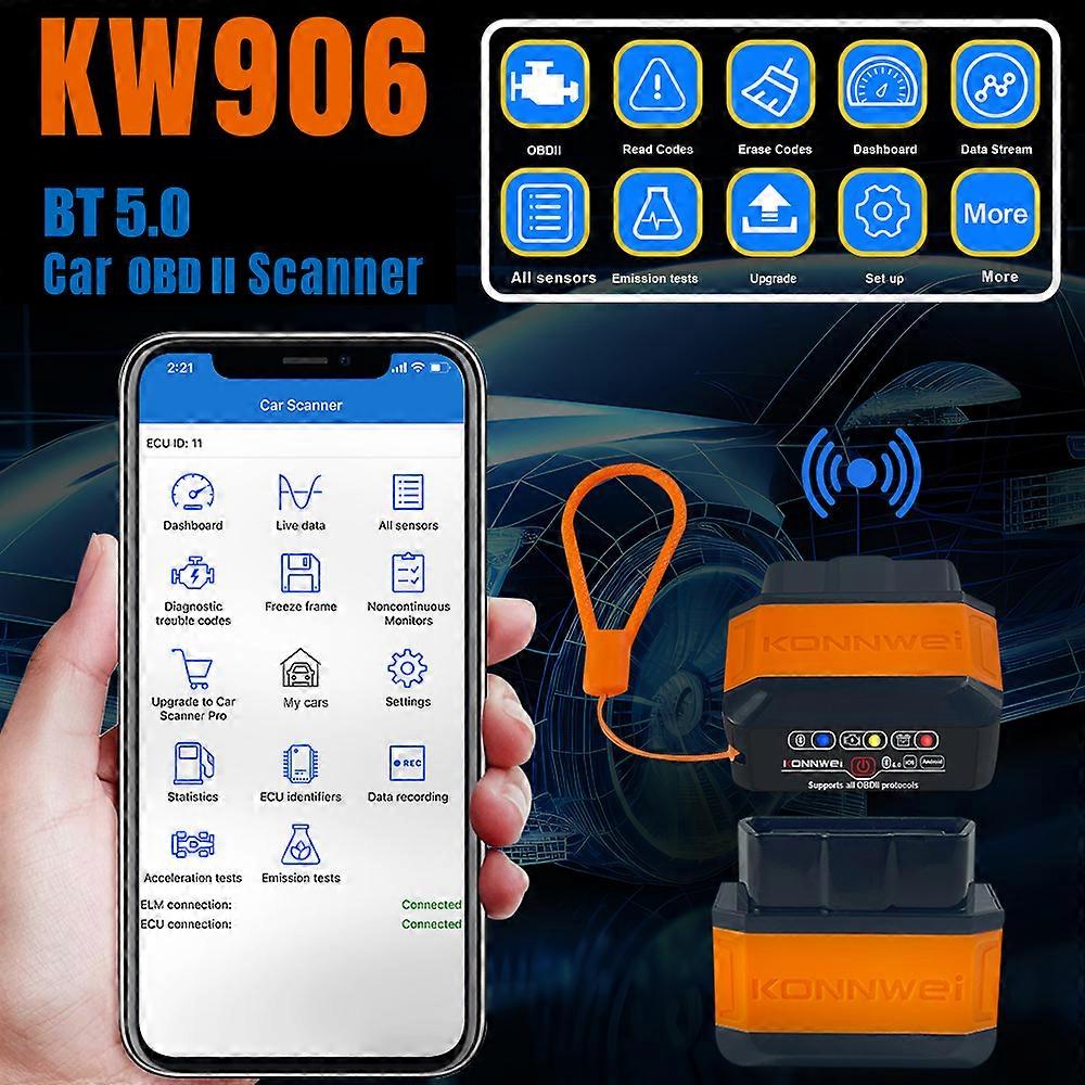 KONNWEI KW906 BT 5.0 Wireless OBDII Car Auto Diagnostic Scan Tools Car Detector Tester Scanner for IOS Android System, Orange