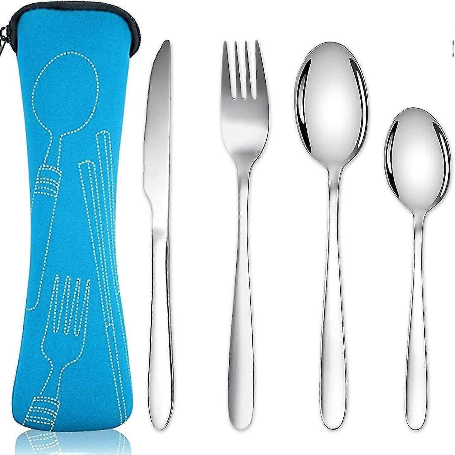 Set di posate con custodia portatile, set di utensili da campeggio per posate in acciaio inossidabile (4 pezzi blu cielo)