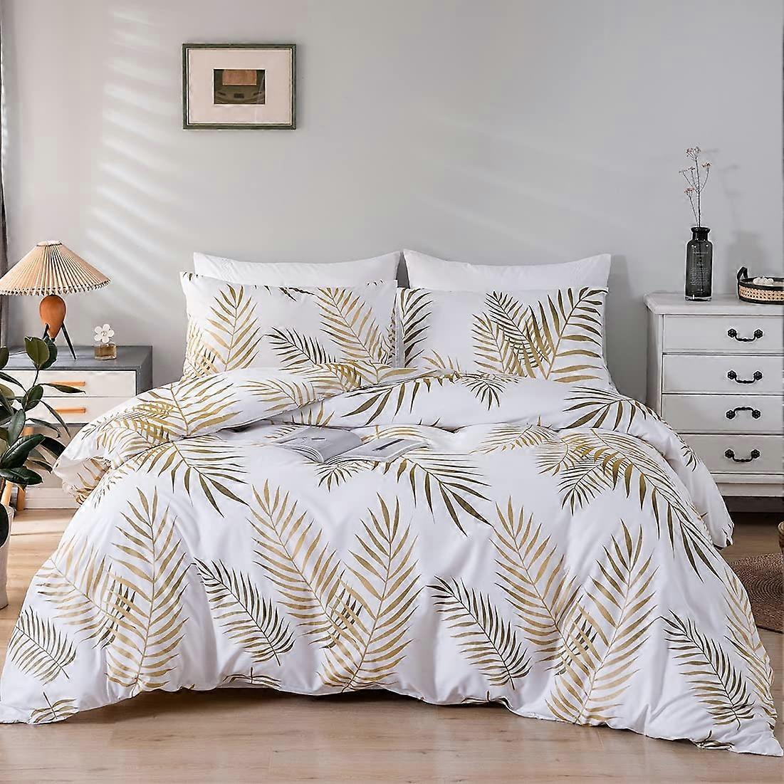 Bed Linen 200x220cm Gold White Leaves Duvet Cover Set 3Piece Microfibre