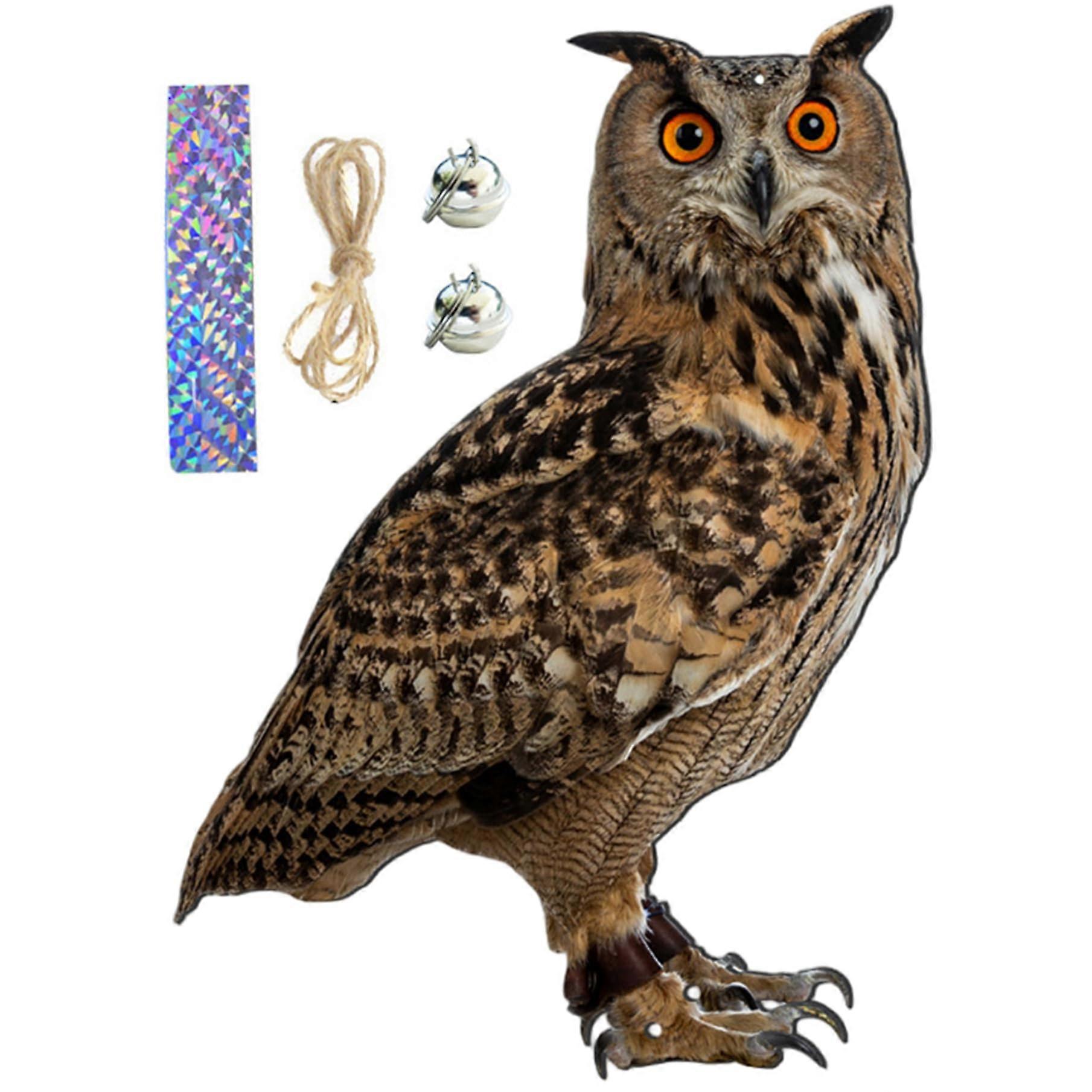 Owl scarecrow 2D realistic 12 waterproof PP Hanging owl decoy with bell, rope and ribbon, to scare birds away