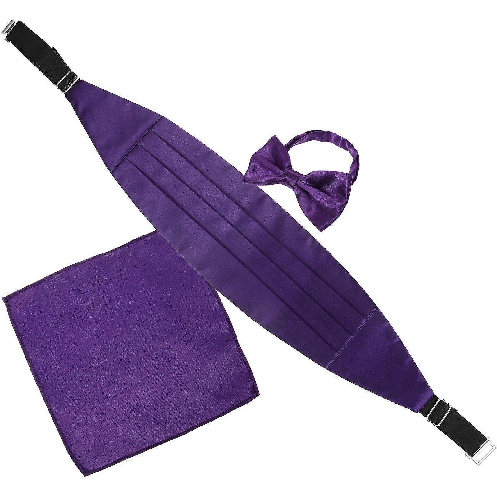 結ばれた蝶ネクタイカマーバンド蝶ネクタイハンカチ結婚式パープルサテンフェイスフォーマルウェア1セット