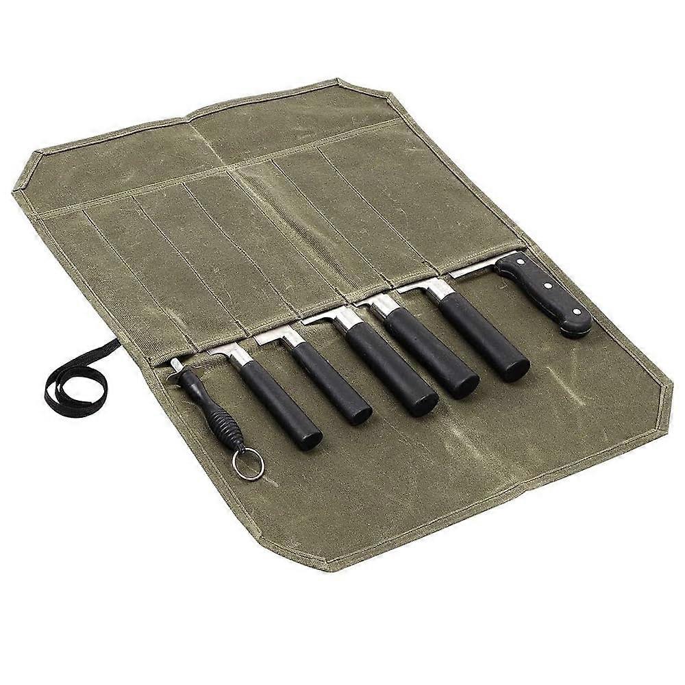 Knife Roll Bag, Waxed Canvas Chef's Knife Case with 7 Compartments, Army Green Storage Bag for Kitchen and Camping Knives