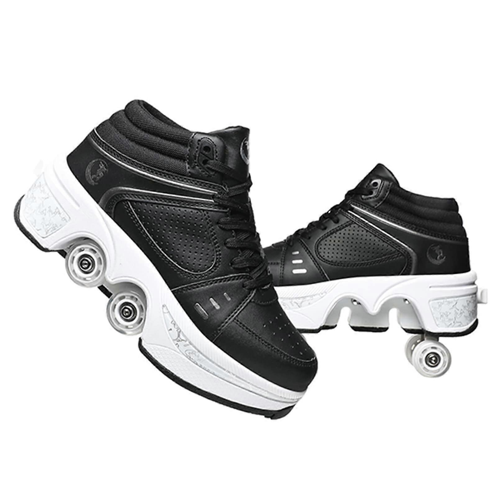 Double Row Deform Wheel Automatic Hiking Shoes Invisible Deformation Roller Skates 2 in 1 Detachable Pulley Skating (Black High, US 5)