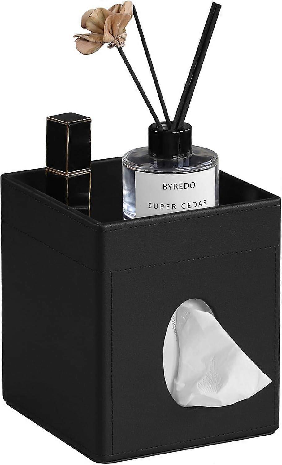 Tissue Box Cover, PU Leather Square Tissue Box Holder with Storage Tray