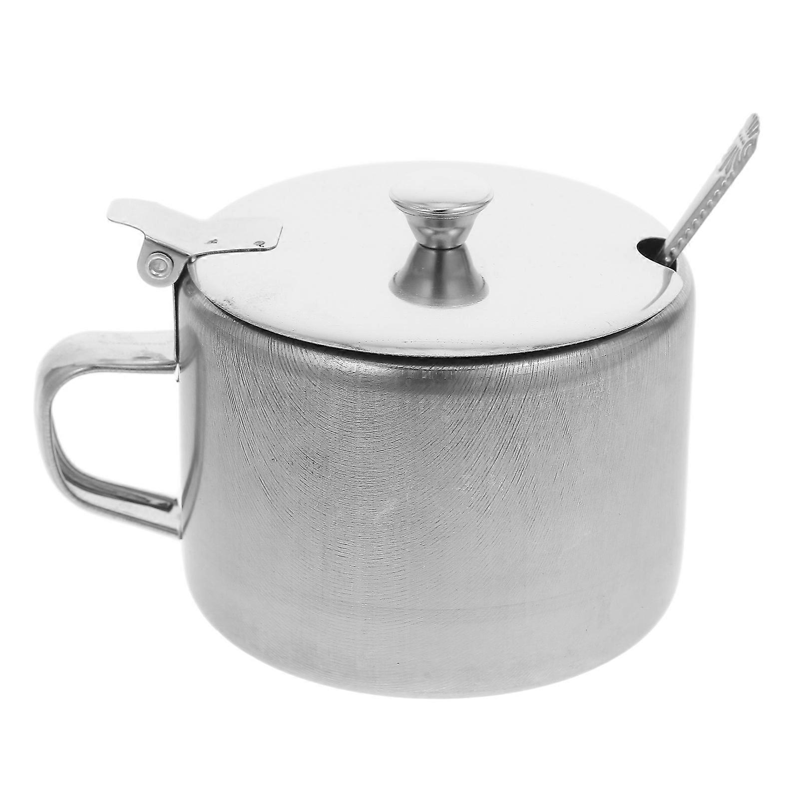 Stainless Steel Sugar Pot with Lid and Spoon, Multifunctional Condiment Container for Kitchen, Home, and Restaurant Use, Freshness Seal & Space