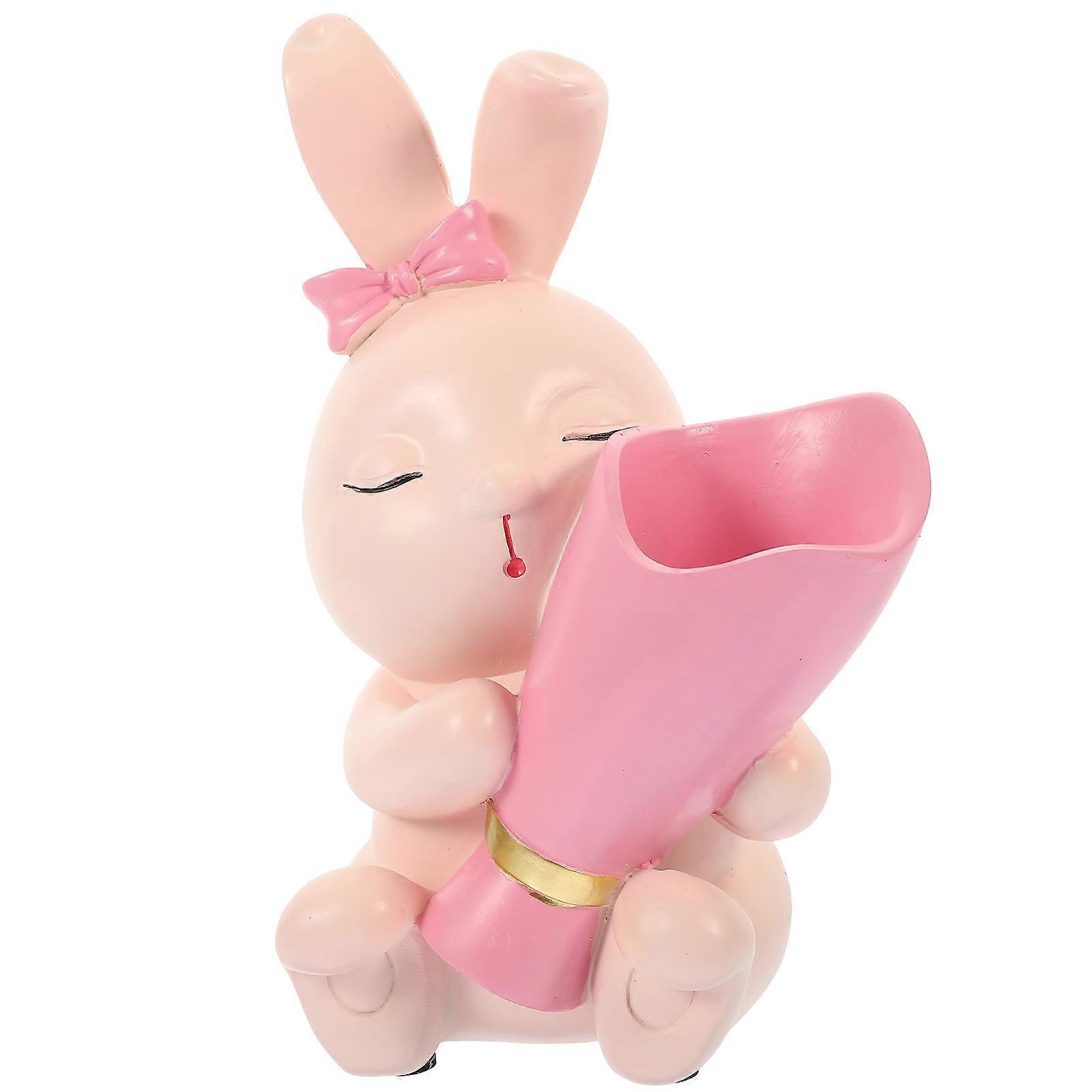 Rabbit Figurine Resin Bunny Holding Vase Ornament Pink 25X15X14CM Decoration DIY Container 1Pack