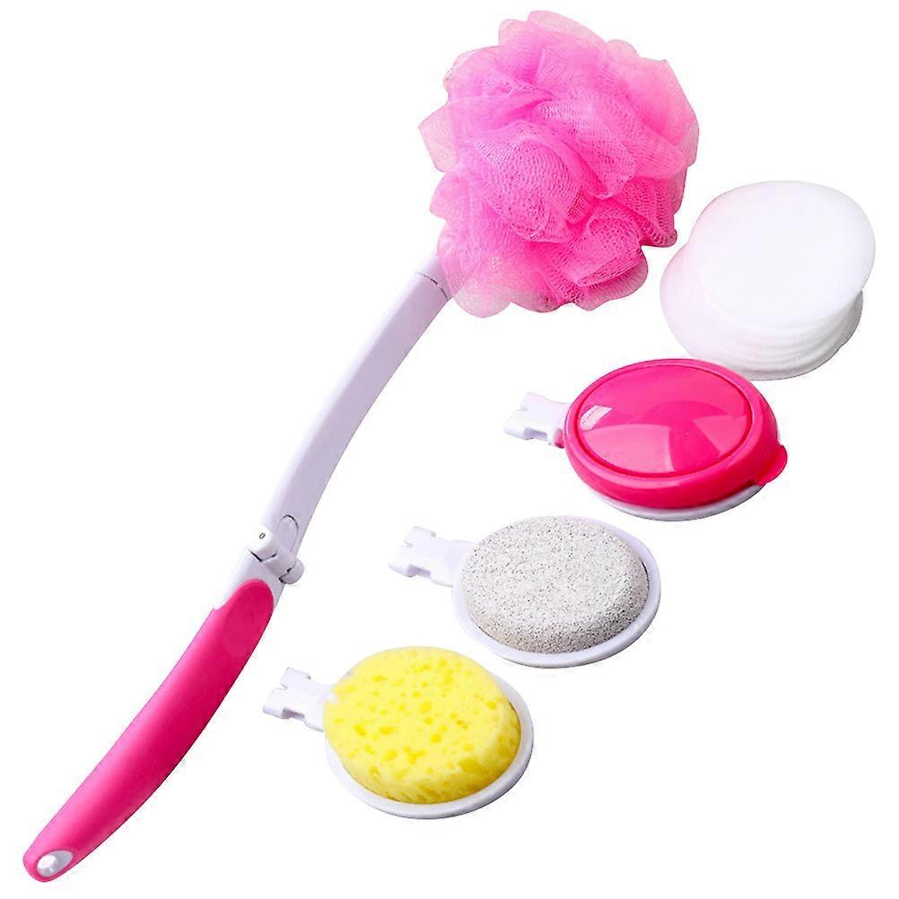 1 Set Bath Accessories Multi Use Back Scrubber with Assorted Heads Bathing Brush Foldable Cleaning Tool Pink