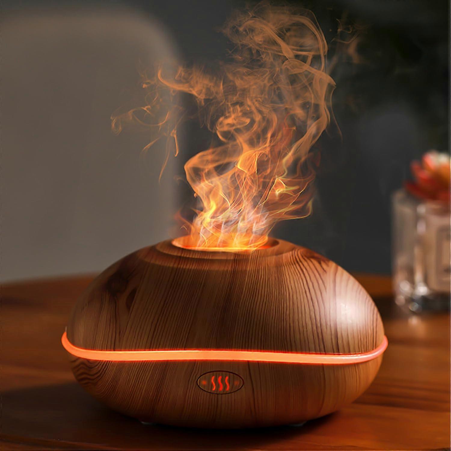 Aromatherapy Lamp 200ml Flame Diffuser Humidifier Wood Grain Essential Oil Diffuser 7-Colour Light Auto Shut-Off Low Noise