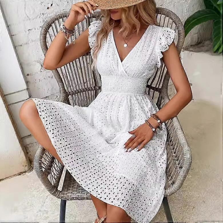Elegant Sleeveless V-Neck Dress with Ruffled Shoulders, Waist Pleats, and Cutout Design
