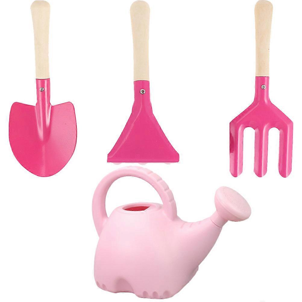 4pcs Cartoon Flower Watering Can with Wooden Handle – Lightweight, Portable Gardening Tool for Kids, Safe Design, Pink