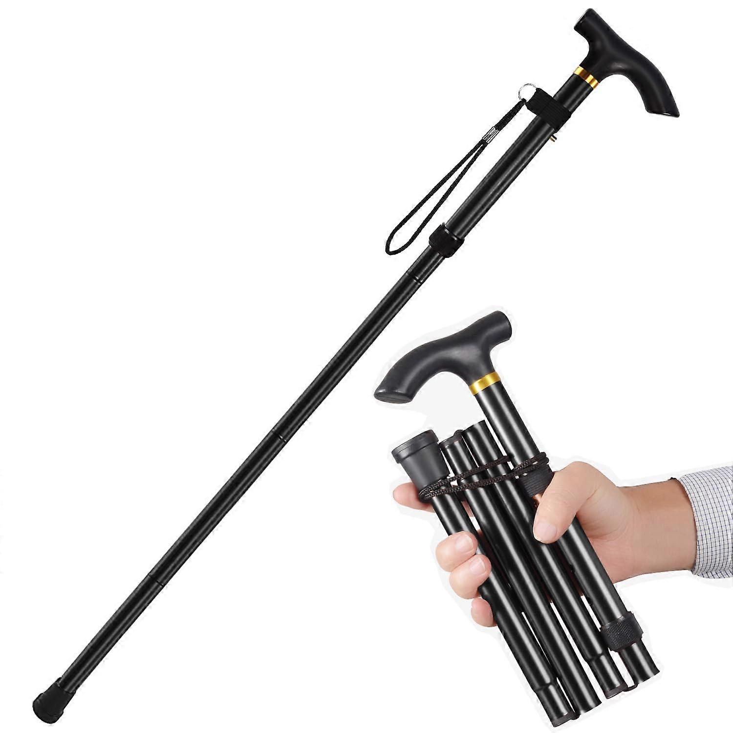 Foldable Walking Stick for Seniors, Adjustable Height Aluminium Hiking Stick, Non-Slip Portable T-Handle Black