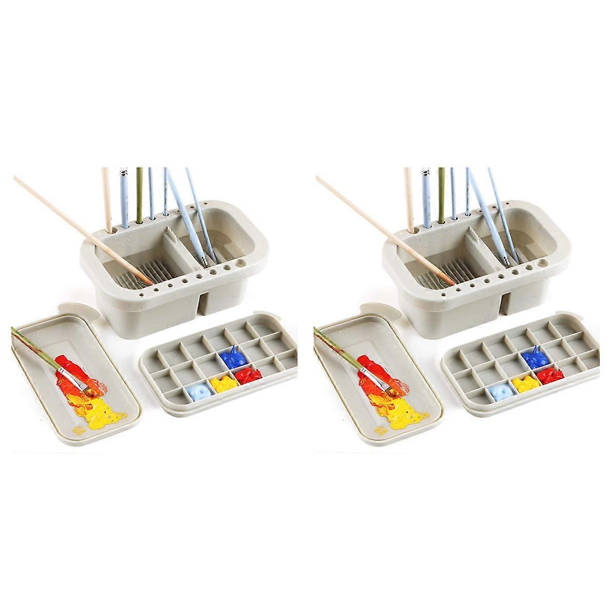 2X Brush Washing Bucket Multi-Use Paint Brush Basin with Art Palette Brush Holder Art Supplies Brush