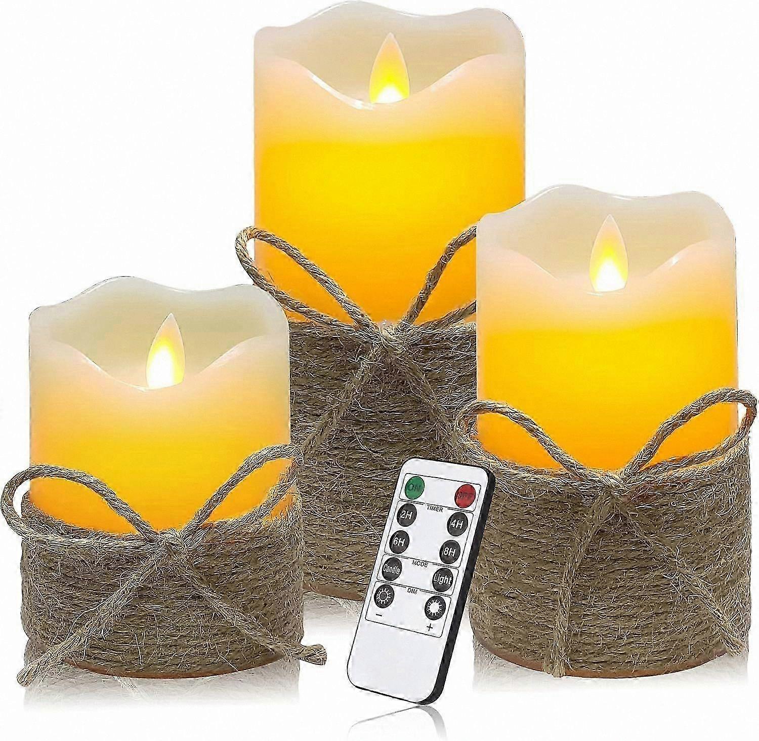 Flickering LED Candle with Hemp Rope Design, Battery Operated Flameless Candle Set, Includes Remote and Timer (Sizes: 3.25" x 4", 5", 6")