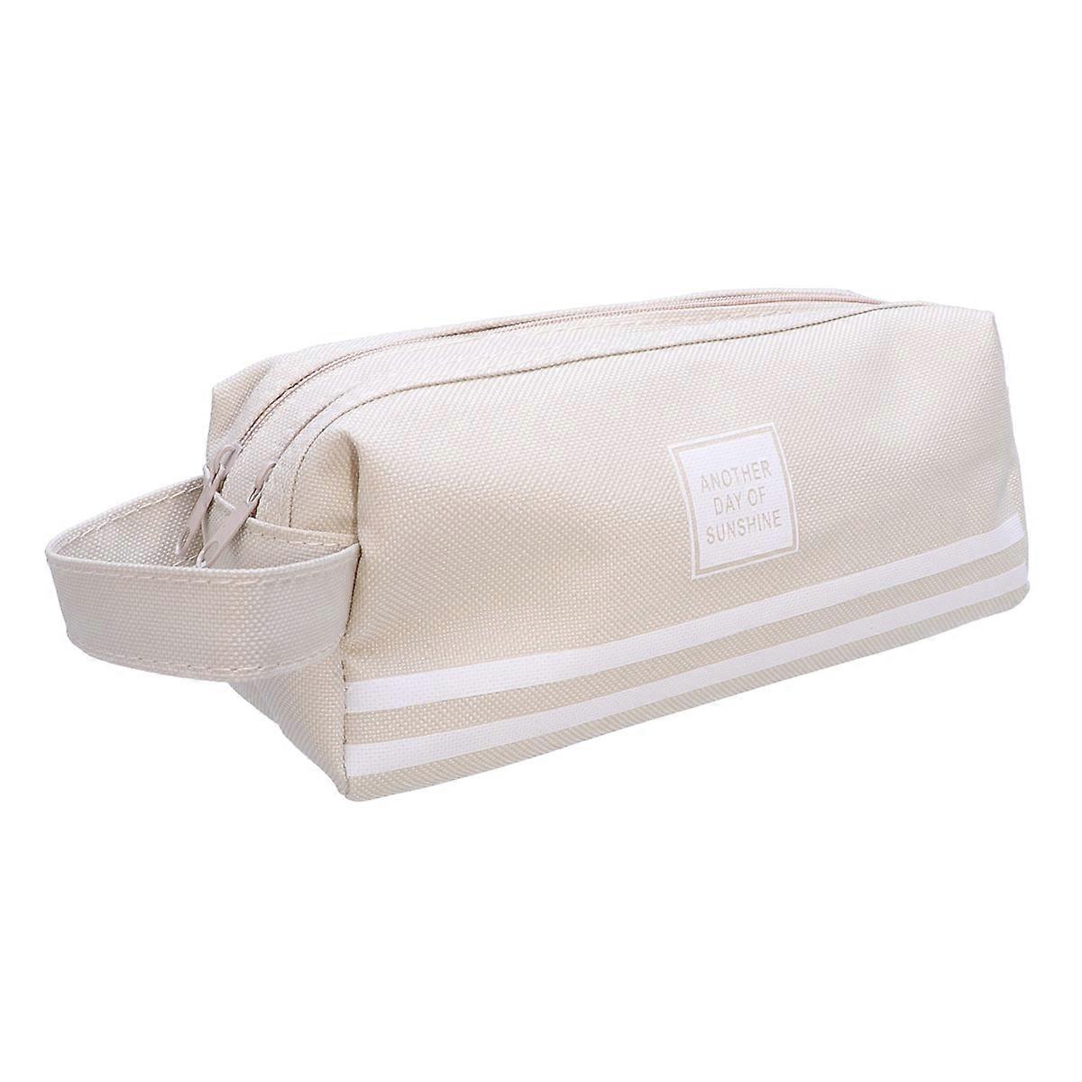Zipper Pouch Double Layer Pack for Storage Pen Large Capacity Beige Bag