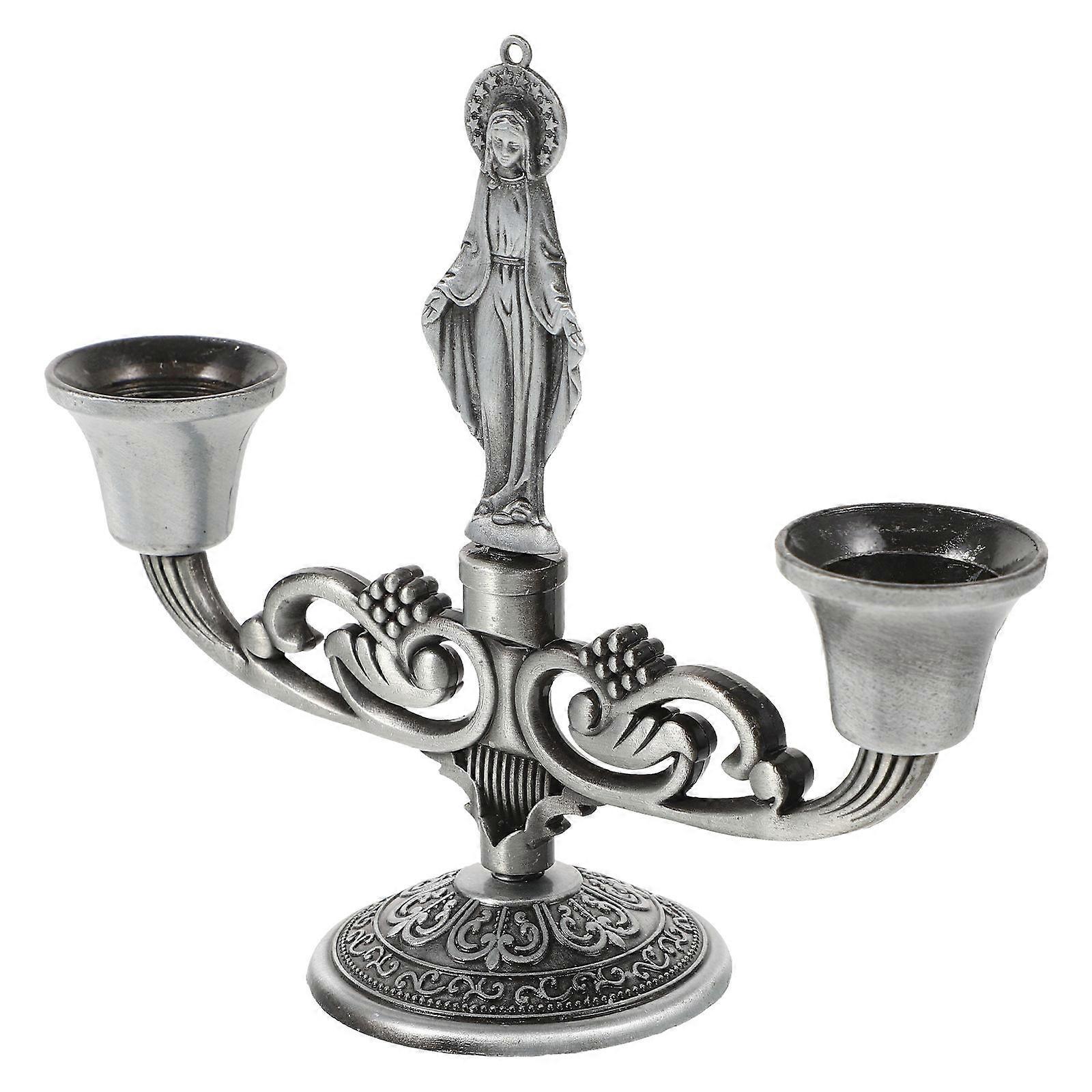 Metal Candlestick Holder Dining Table Centerpiece Retro Double-Head Design Silver 1Pack