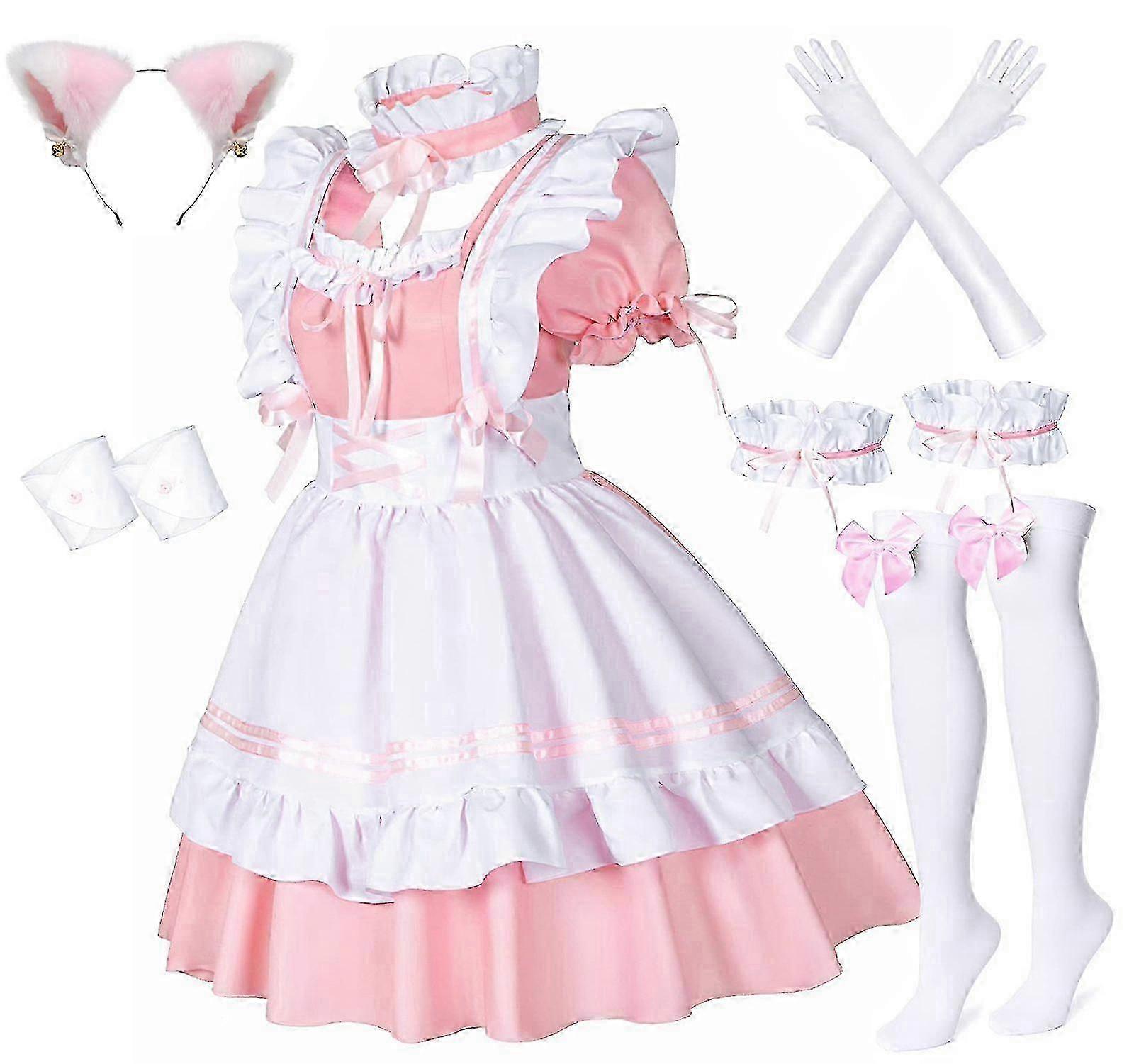 アニメフレンチメイドエプロンロリータ仮装コスプレコスチューム毛皮のような猫耳手袋ソックスセット女性用