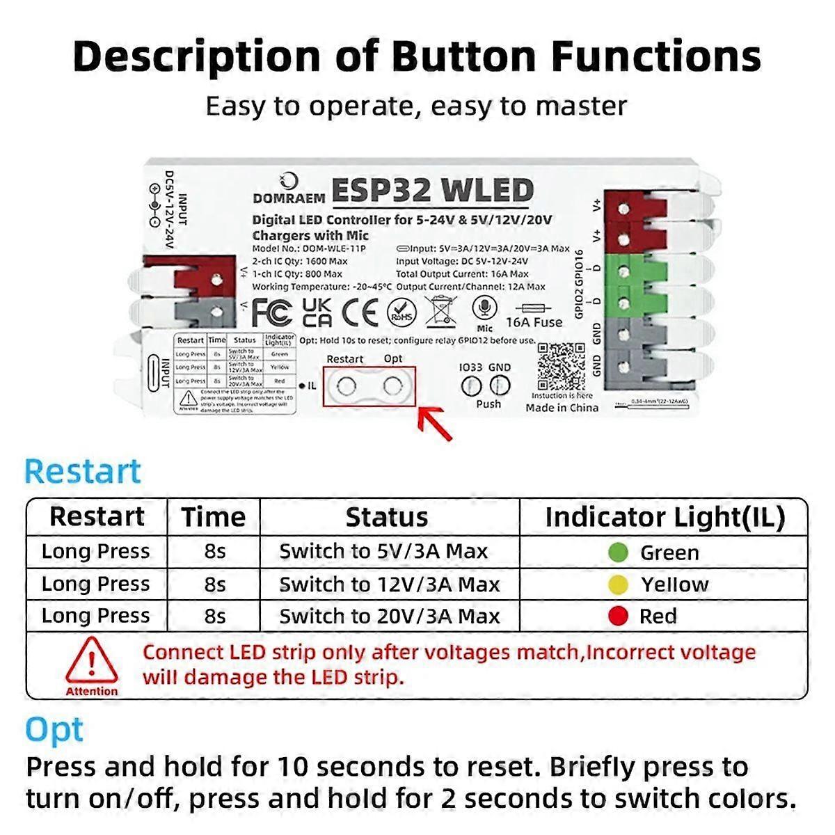 ESP32 WLED Controller with Mic Dual 5-24V DC Input, 16A Fuse for WS2811 WS2812B WS2805 SK6812 APA102 PD Power