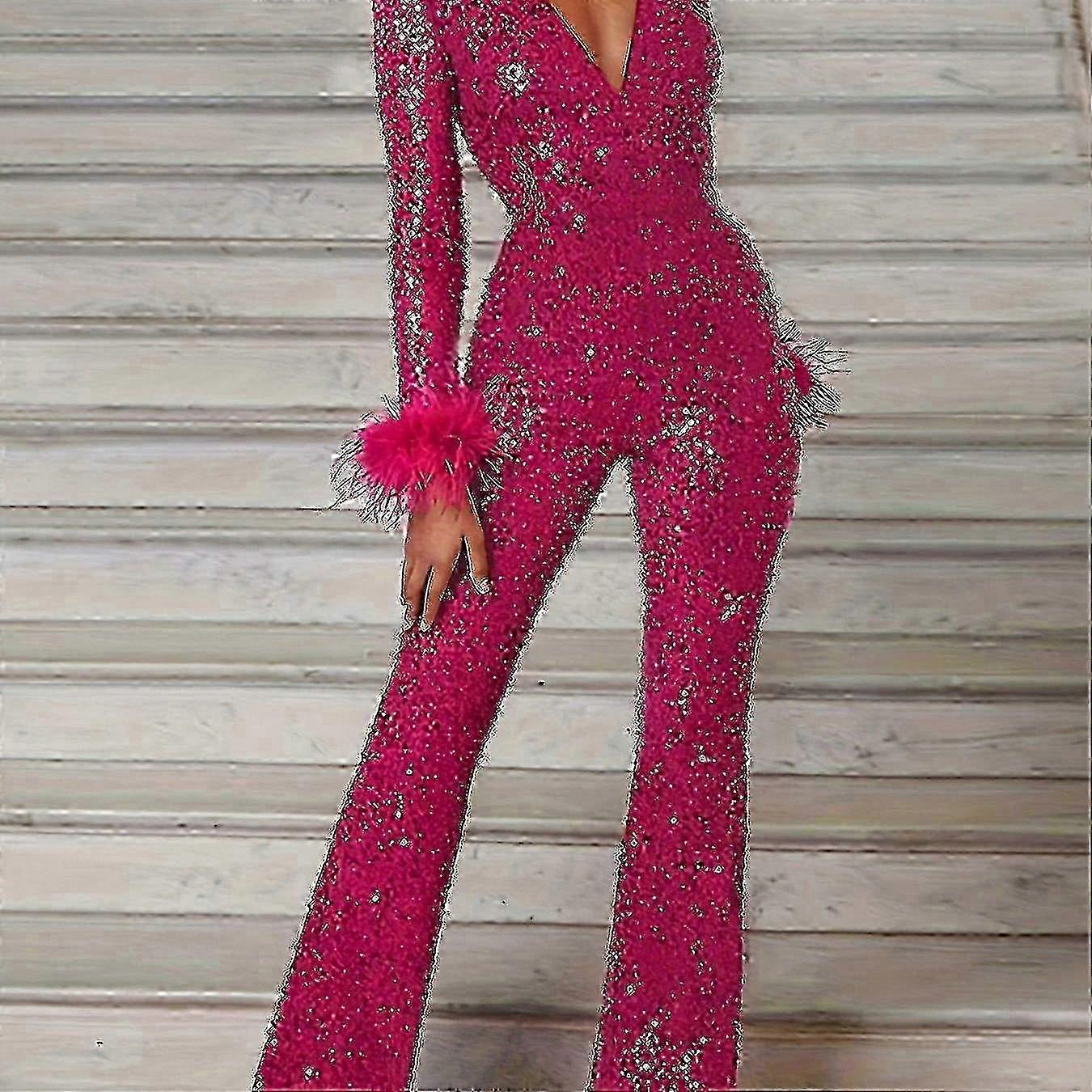 Stylish Solid Color Sequin Wide Leg Jumpsuit with Deep V Neck and Long Sleeves, Perfect for Fall and Winter Occasions