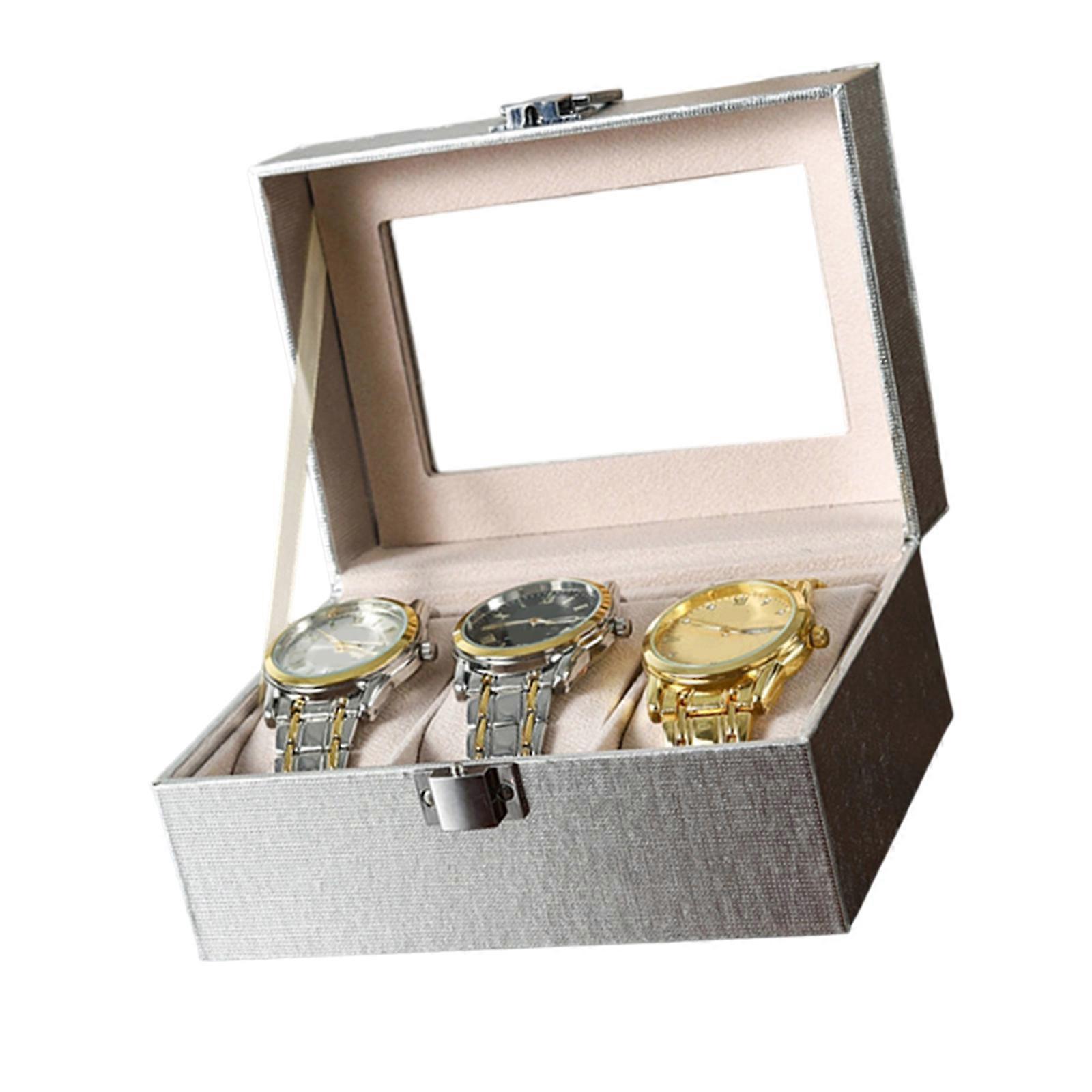 Luxury High End Composite Material Watch Storage Box Multiple Color Option Jewelry Organizers Clear View Window Home Use  Silver