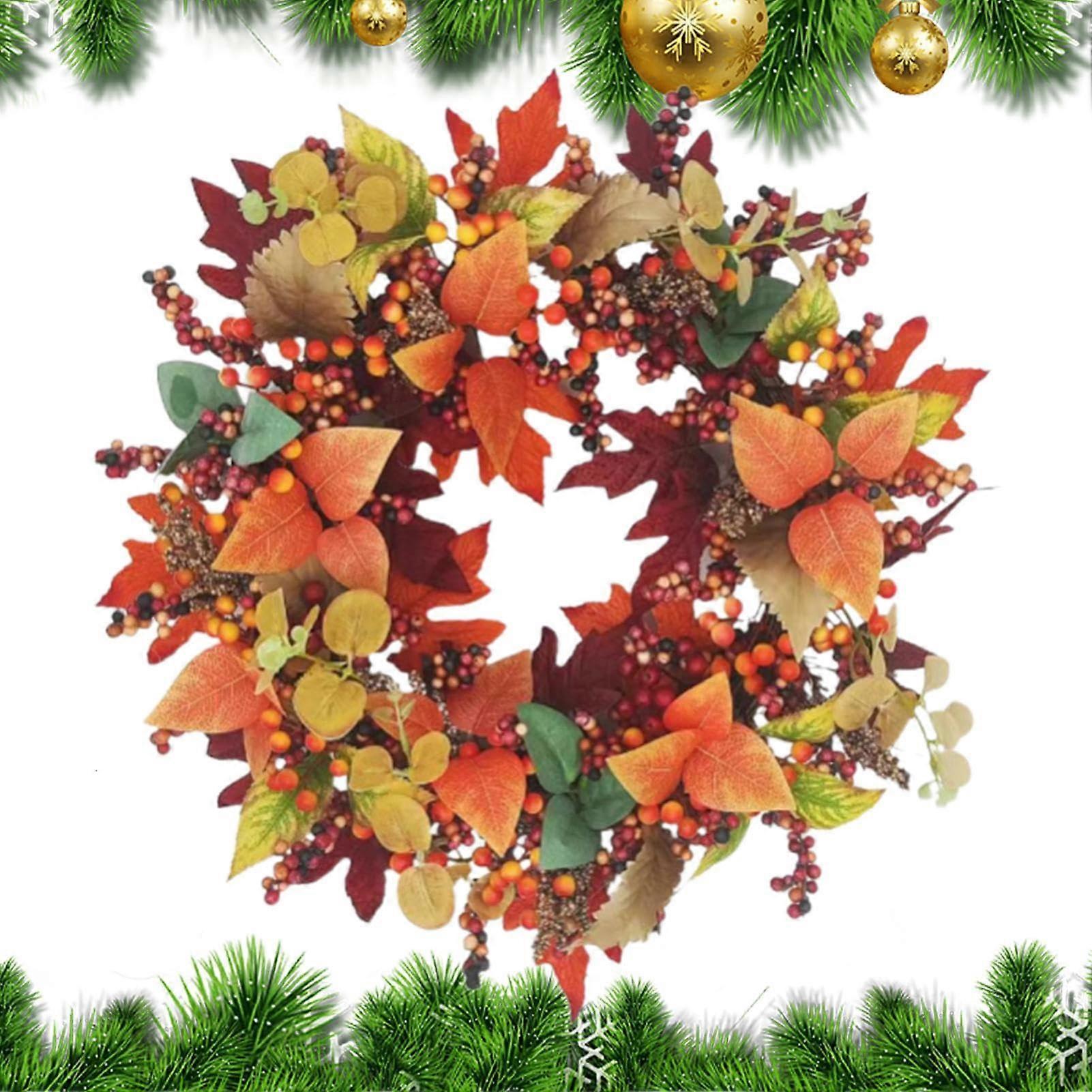 Autumn Wreath for Front Door with Artificial Maple Leaves and Berries, Fall Halloween Thanksgiving Decoration 35cm