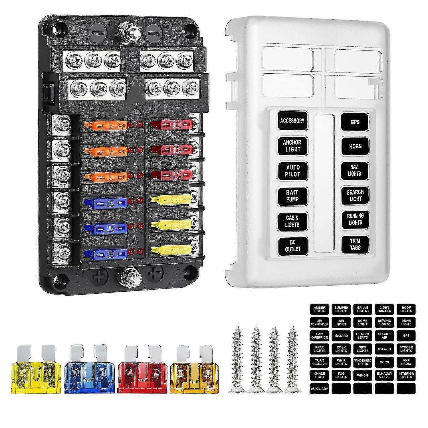 12 Way Fuse Box, 12v Fuse Holder, Ato 32v 100a With 12 Led Indicator Lights Waterproof Protective Cover, Fuse Box With 24 Car Blade Fuse For Car Auto
