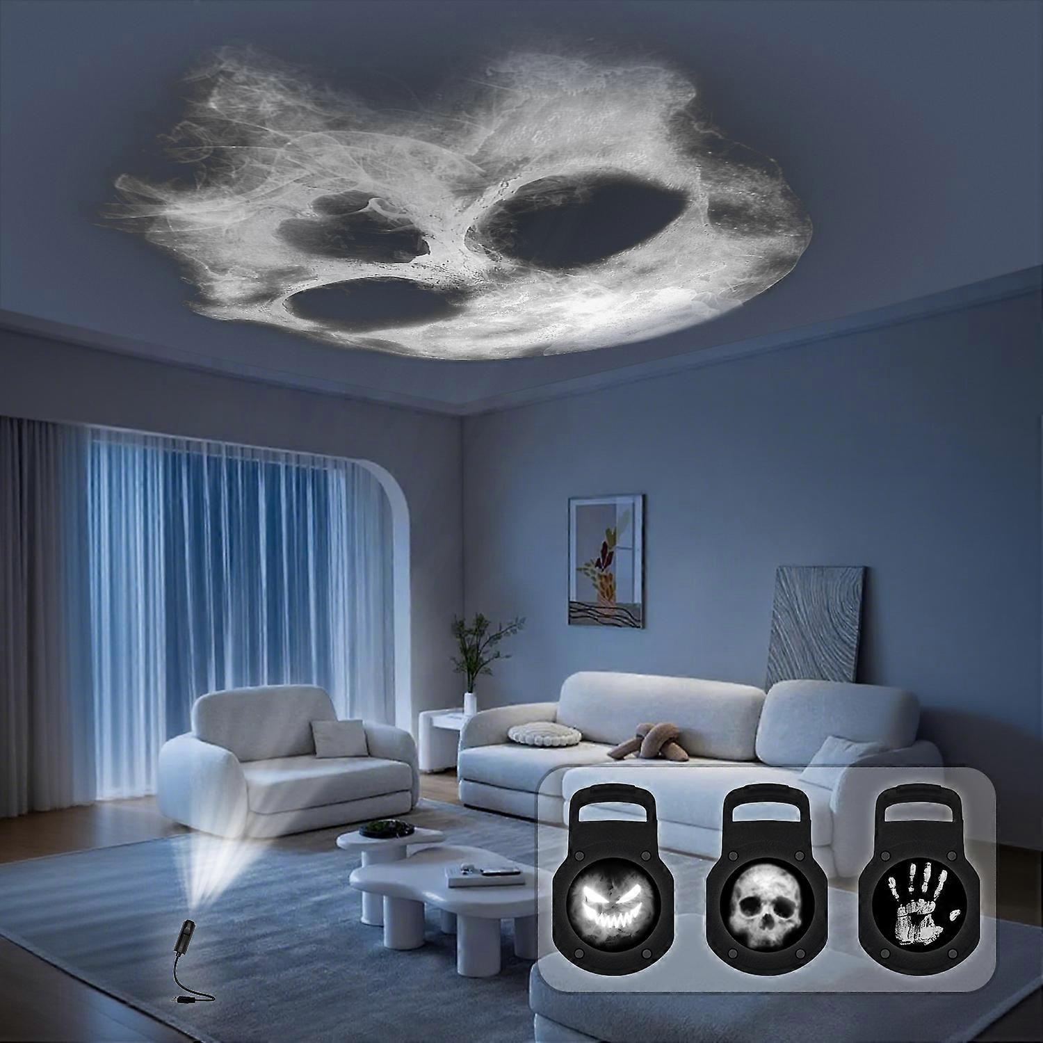 Skull projector, palm prints and expression faces can be changed, 360° rotation and LED lights, Halloween atmosphere lights