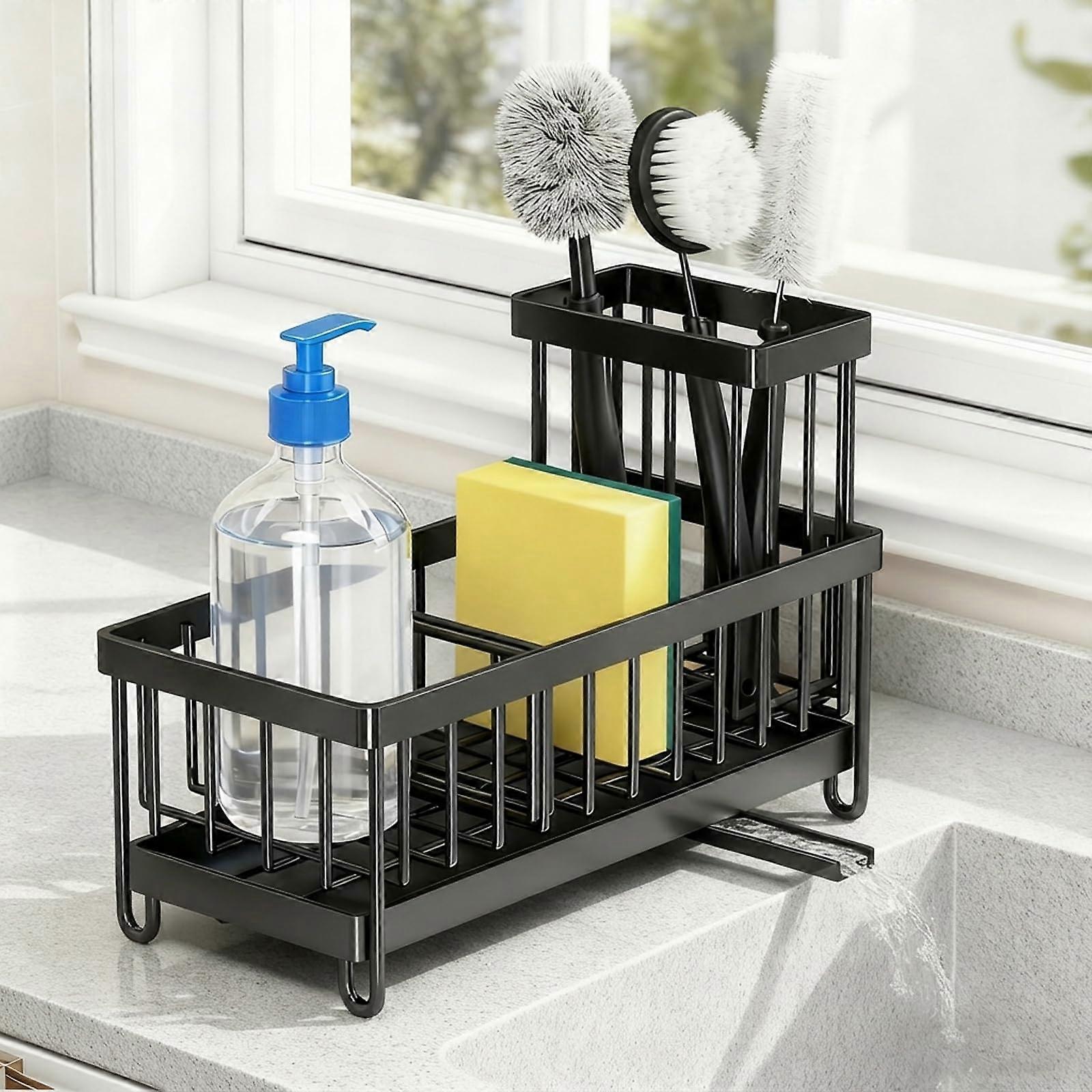 Kitchen Sink Caddy Sponge Holder with AutoDrain Rustproof Stainless Steel ThreeSection Organizer Black 1 Pack