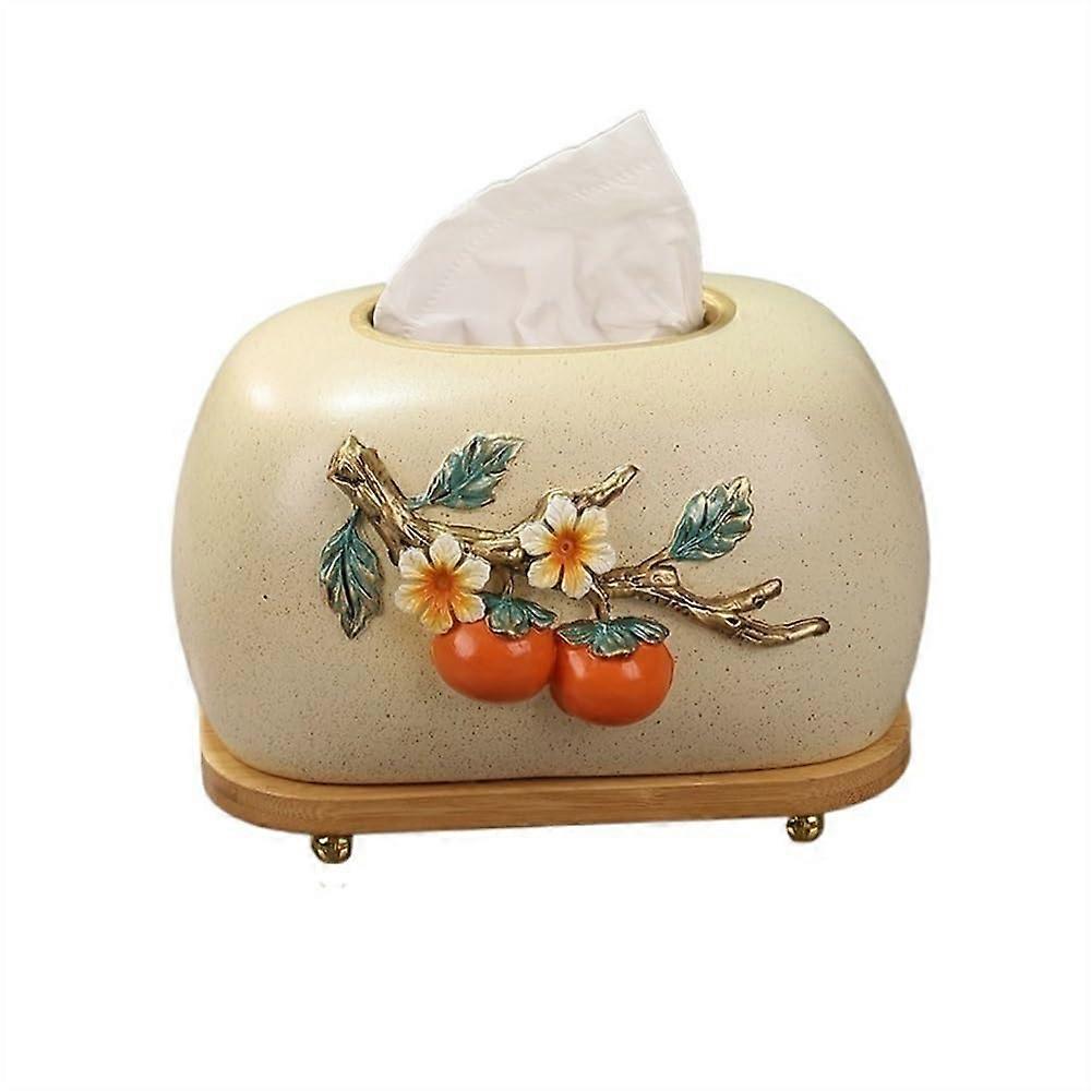 Ceramic Rectangular Tissue Box Cover with Embossed Persimmon Pattern for Home Office Bathroom Beige