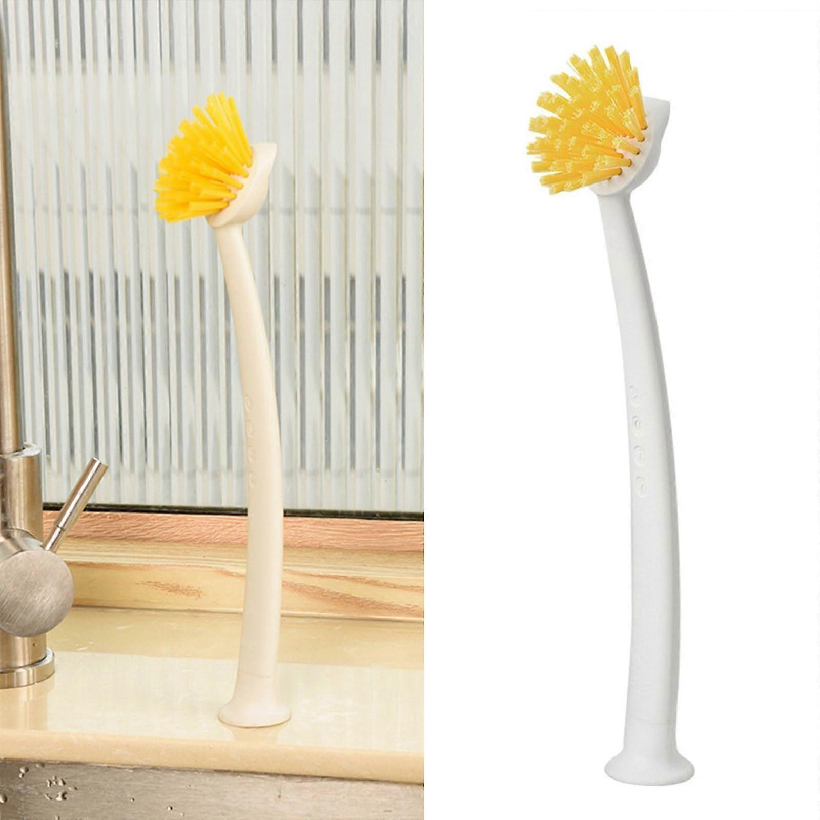 Dishwashing Brush with Handle NonScratch Nylon Bristles Pan Scraper Suction Cup Base White