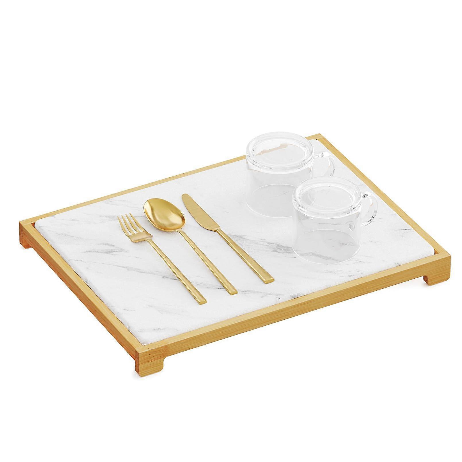 Stone Drying Mat with Bamboo Dish Rack, Instant Absorbent Kitchen Counter Organizer, White Marble