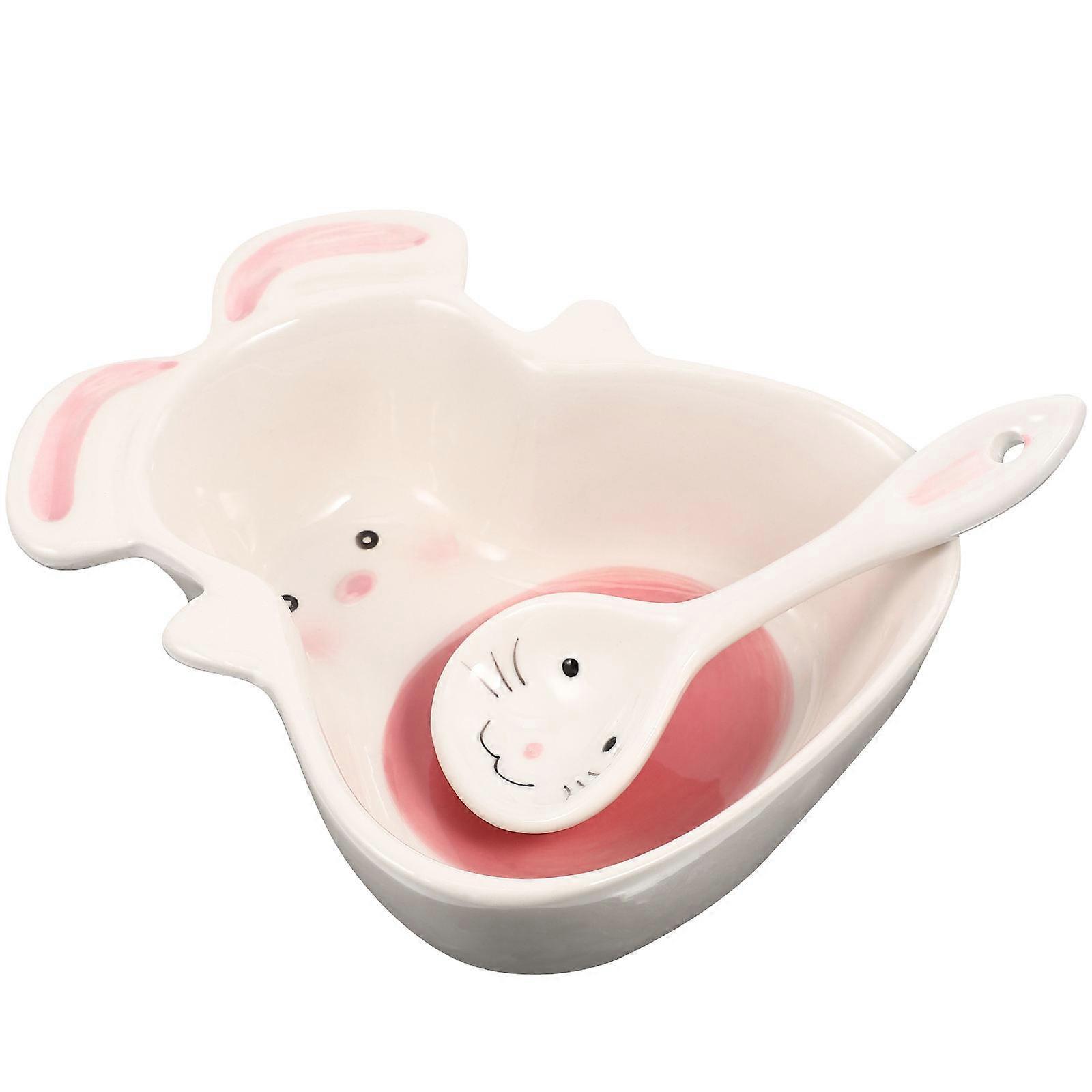 Ceramic Bowl with Spoon Rabbit Pattern for Food Serving Adorable Cartoon Design
