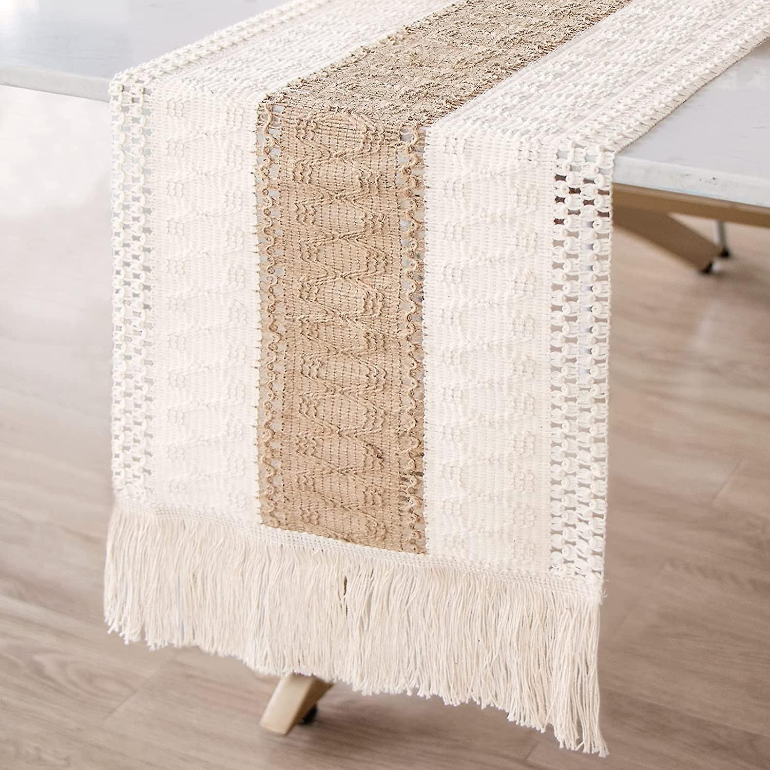 Table Runner Splicing Cotton And Burlap Table Runner, Woven Table Runner Farmhouse Style With Tassels Boho Table Runner For Wedding Bridal Shower Home